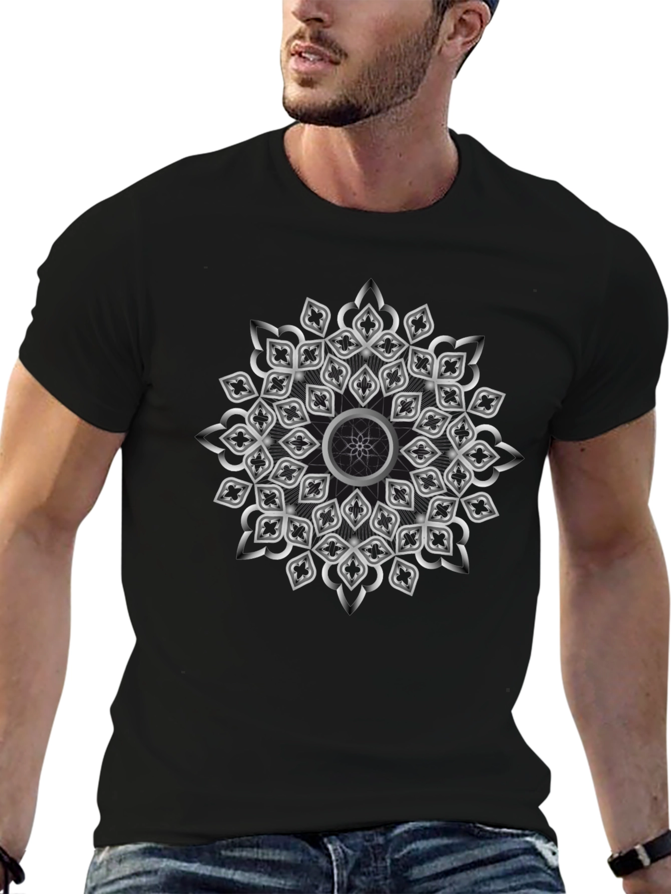 Geometric Silver Mandala Graphic Black T-Shirt