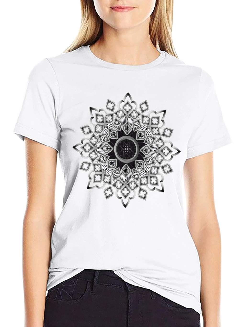 Geometric Silver Mandala Graphic Black T-Shirt