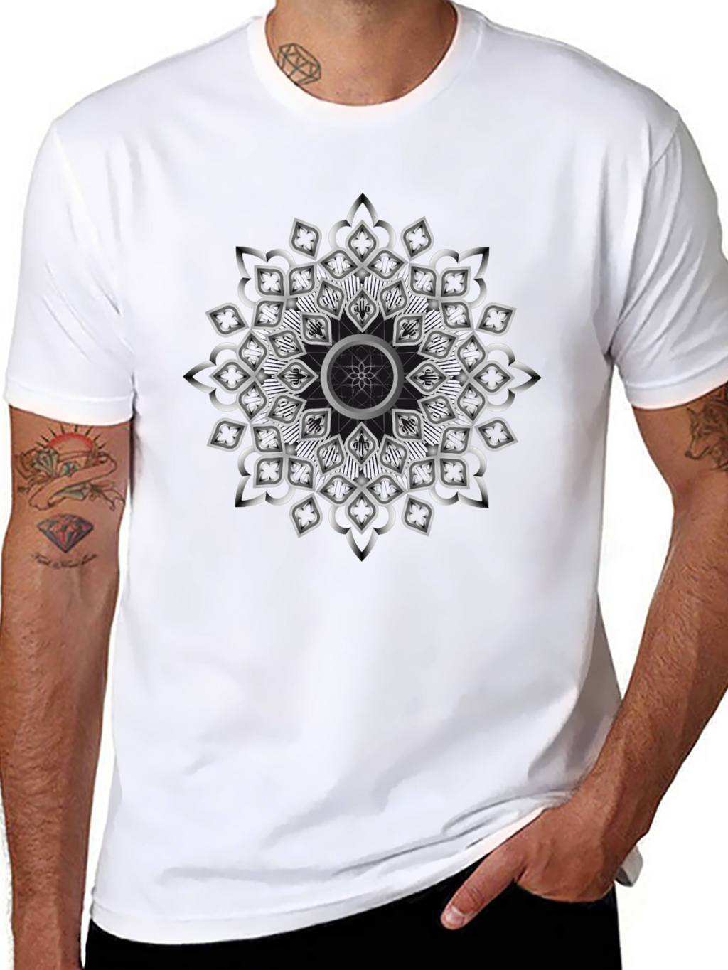 Geometric Silver Mandala Graphic Black T-Shirt