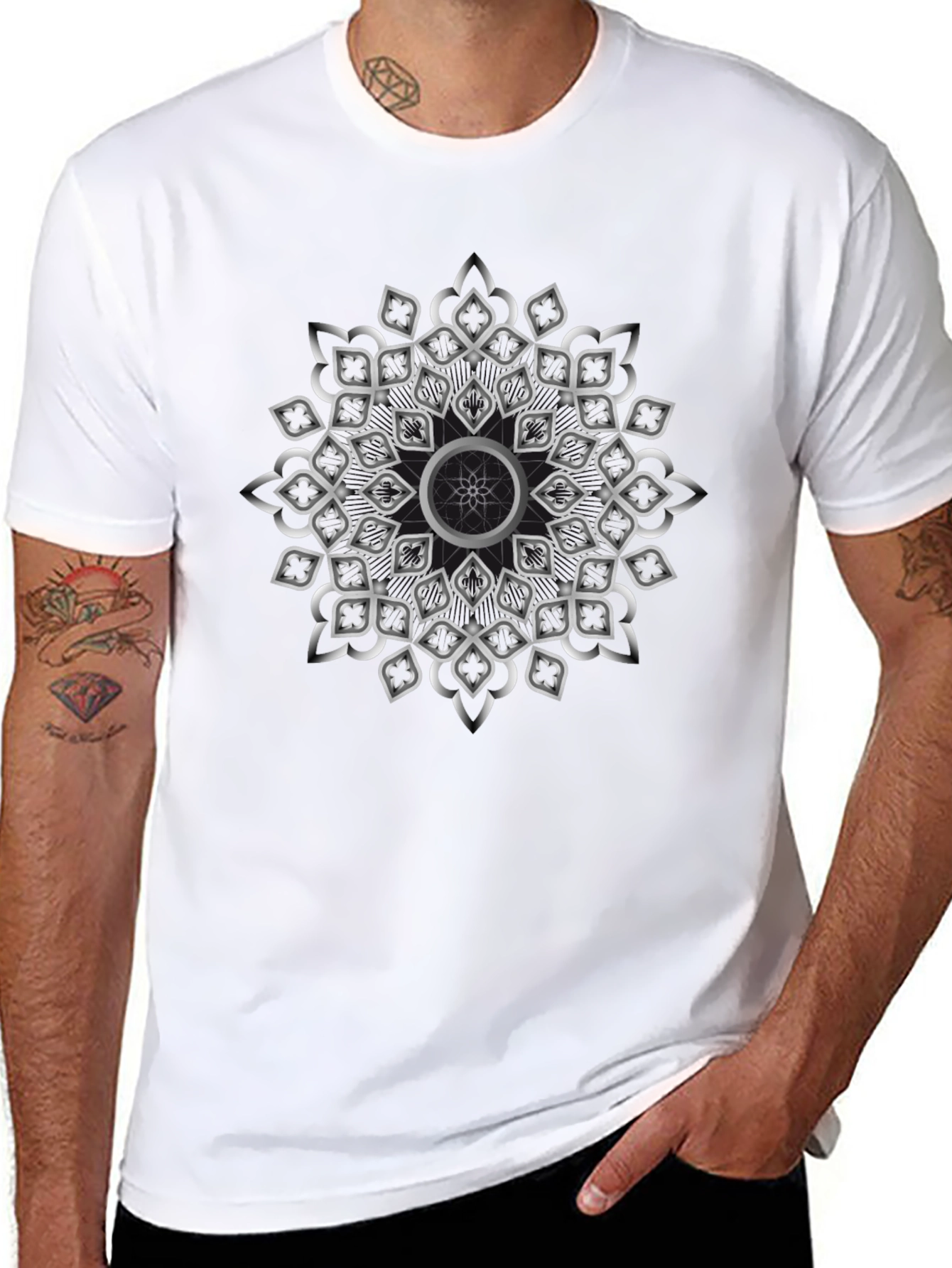 Geometric Silver Mandala Graphic Black T-Shirt