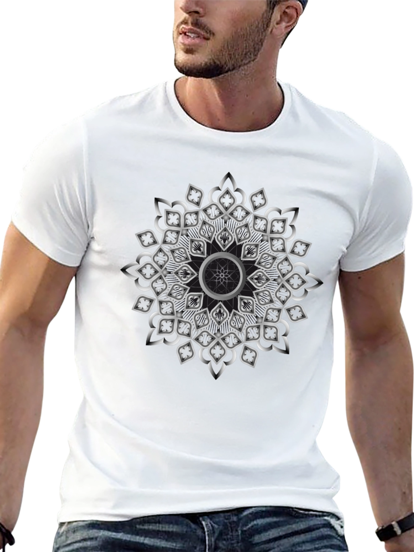 Geometric Silver Mandala Graphic Black T-Shirt