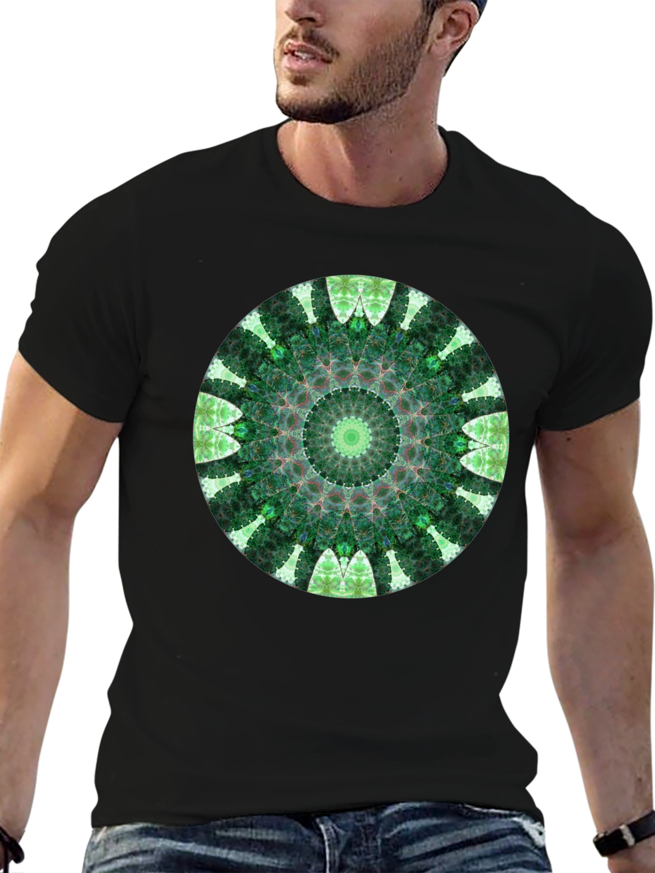 Green Mandala Graphic Black T-Shirt