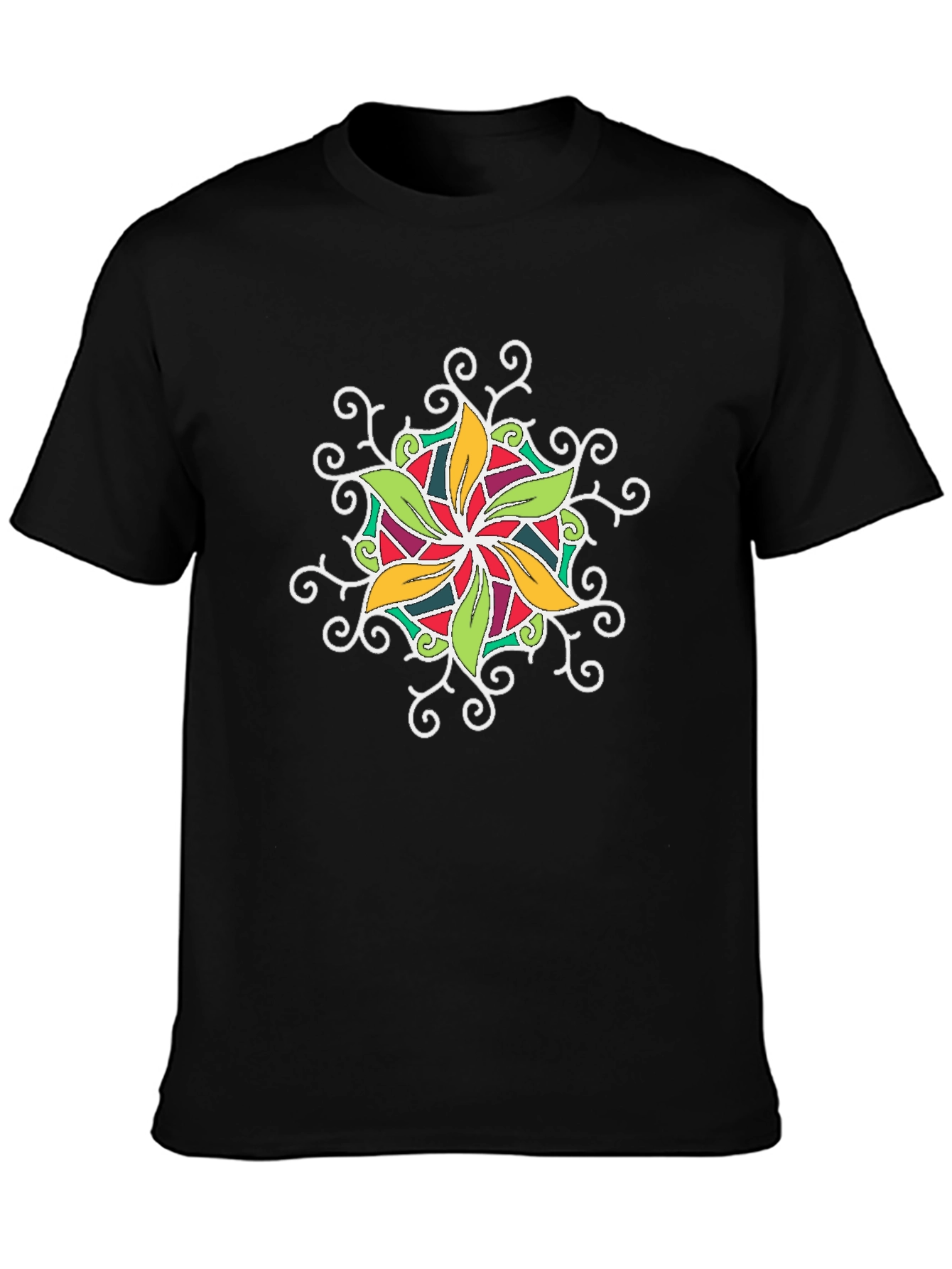 Black T-Shirt with Colorful Floral Mandala