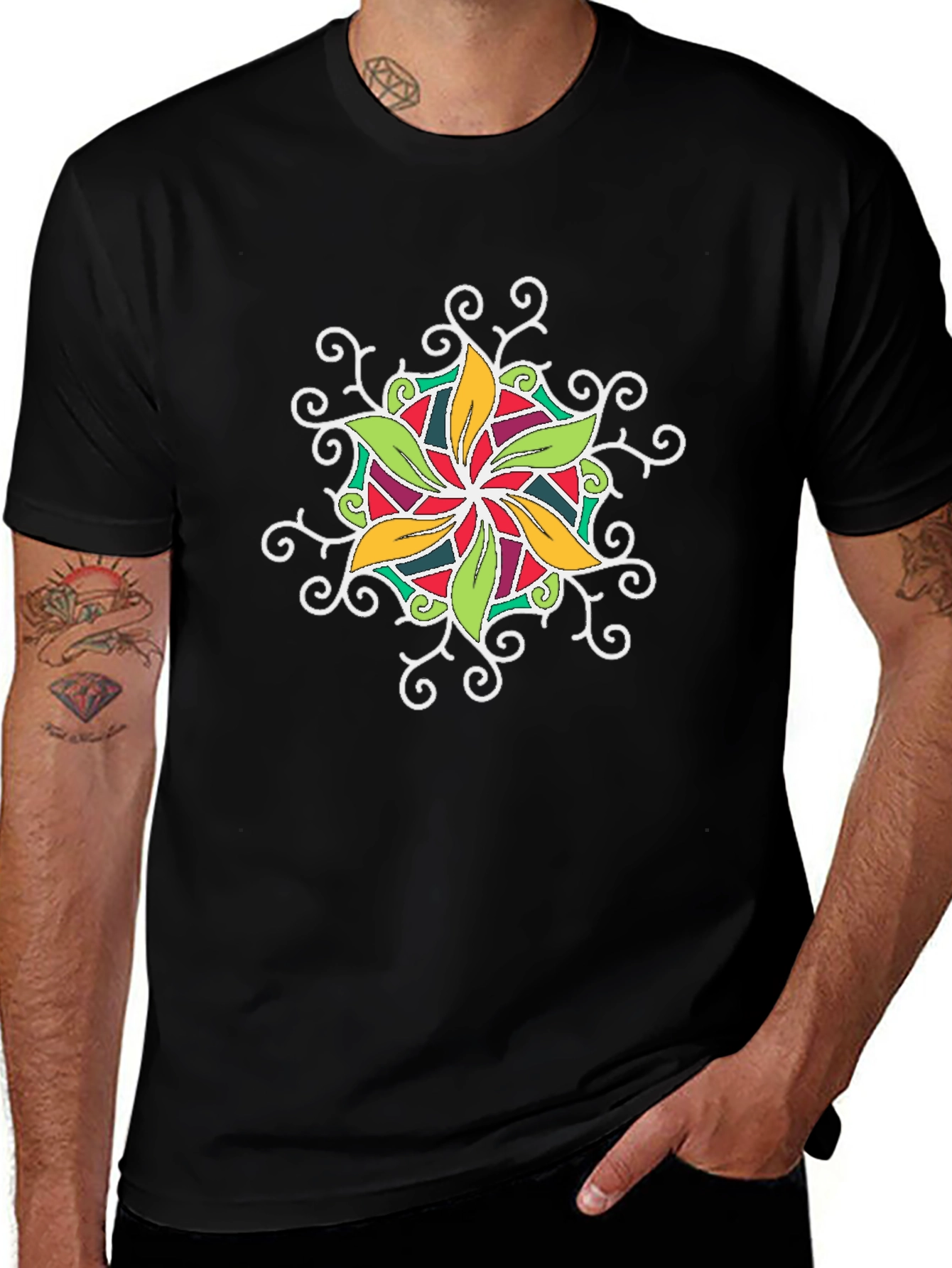 Black T-Shirt with Colorful Floral Mandala