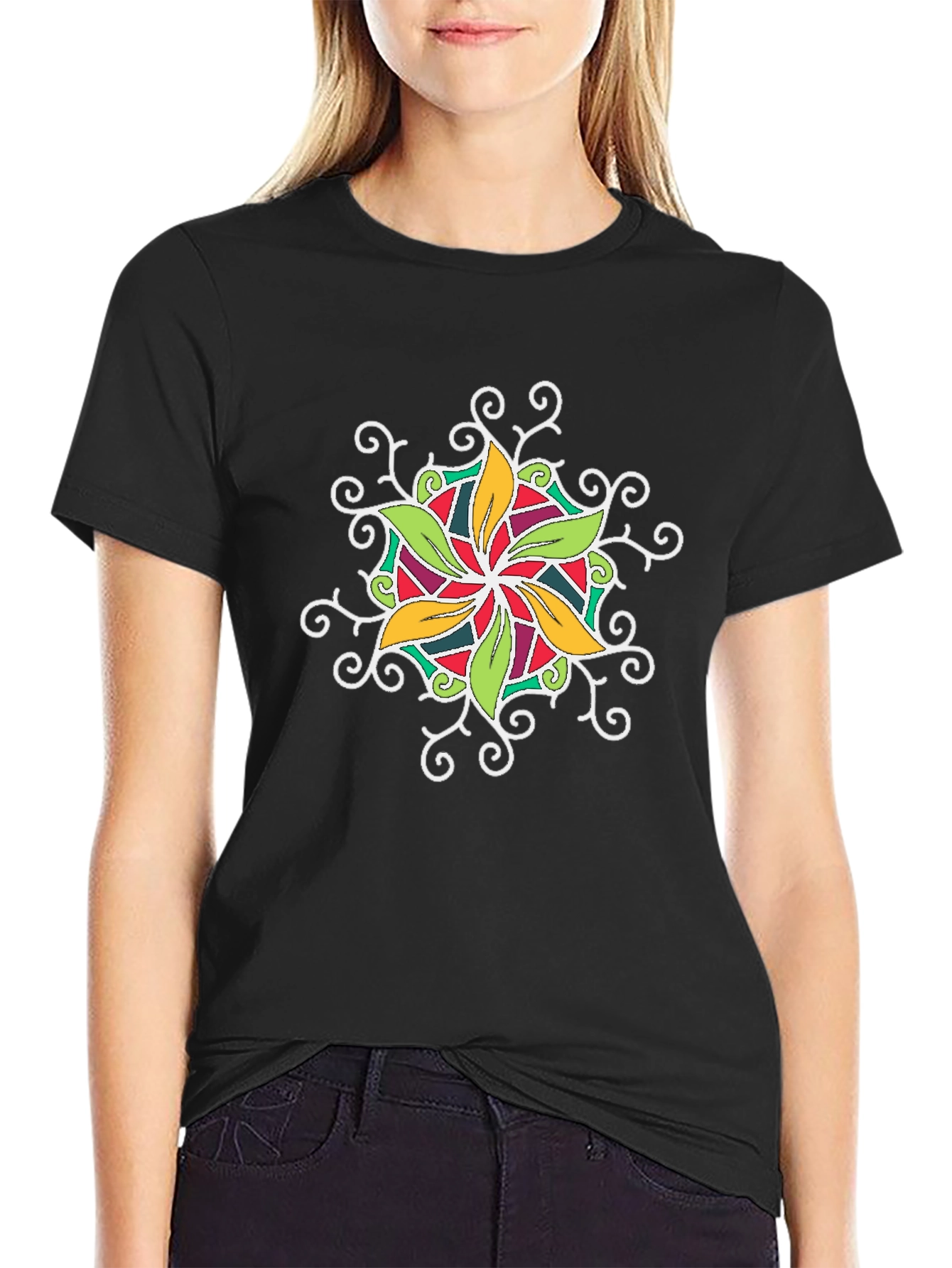 Black T-Shirt with Colorful Floral Mandala
