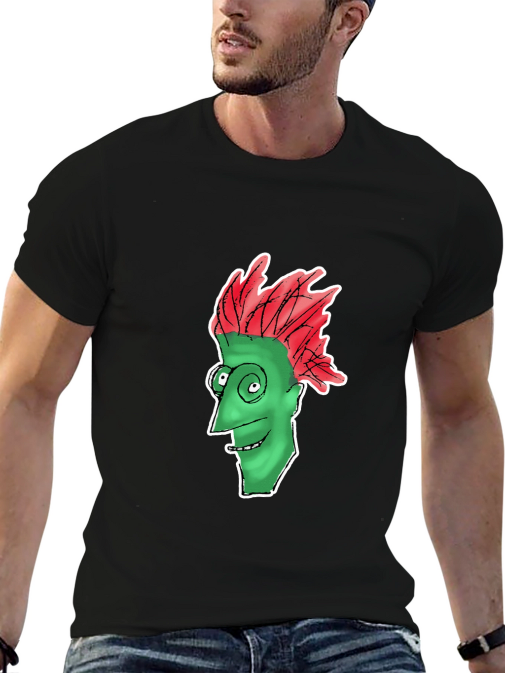 Funny Green Face Graphic Black T-Shirt