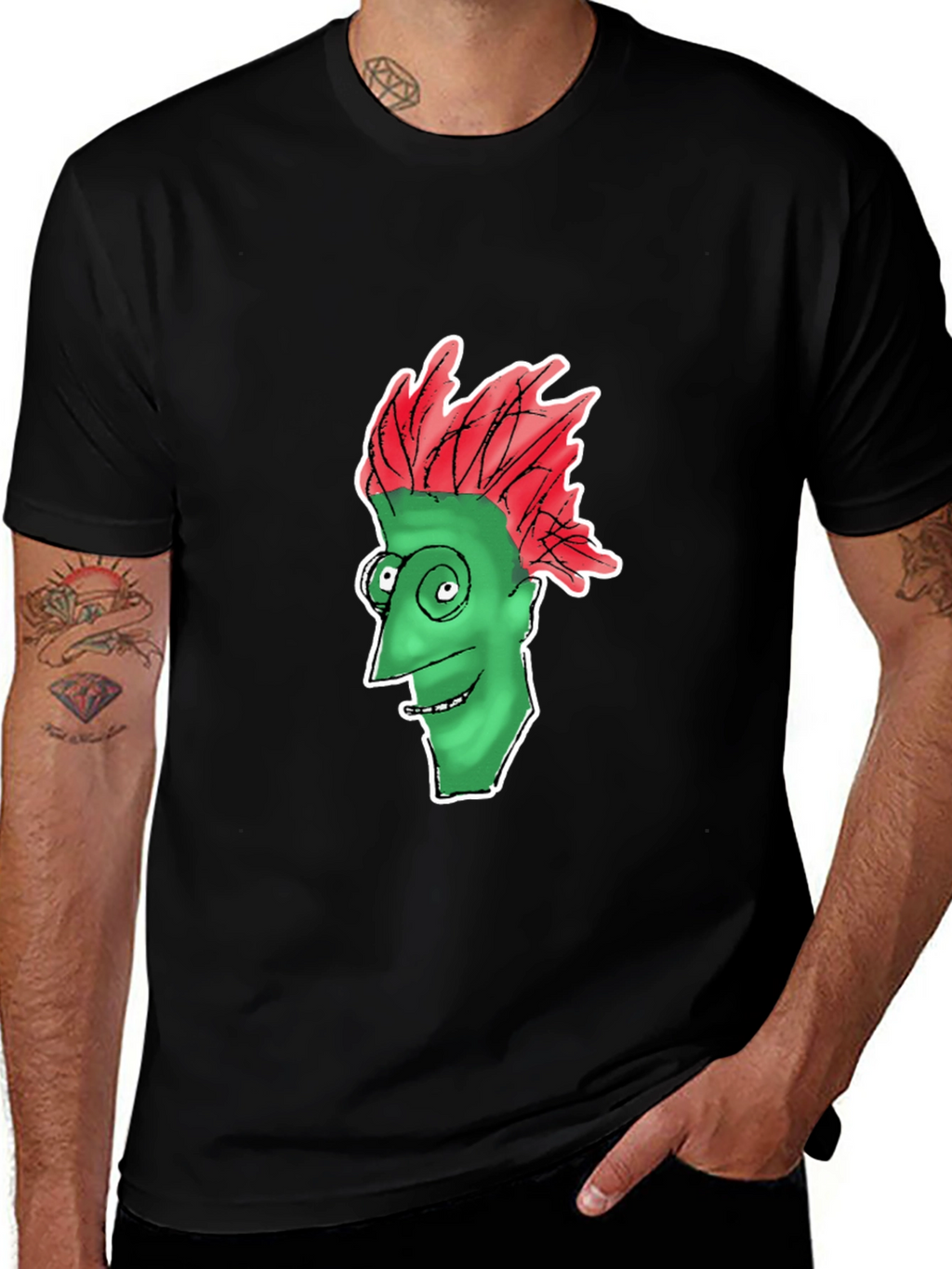 Funny Green Face Graphic Black T-Shirt