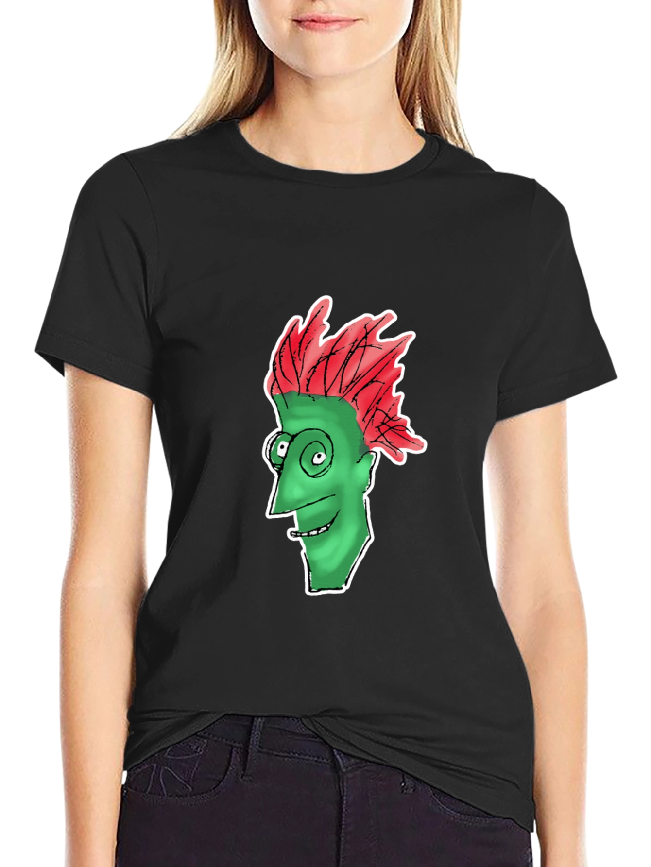 Funny Green Face Graphic Black T-Shirt