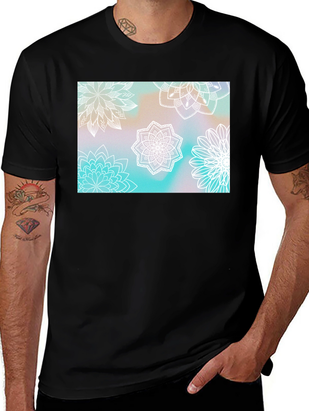 Floral Mandala Print Black T-Shirt