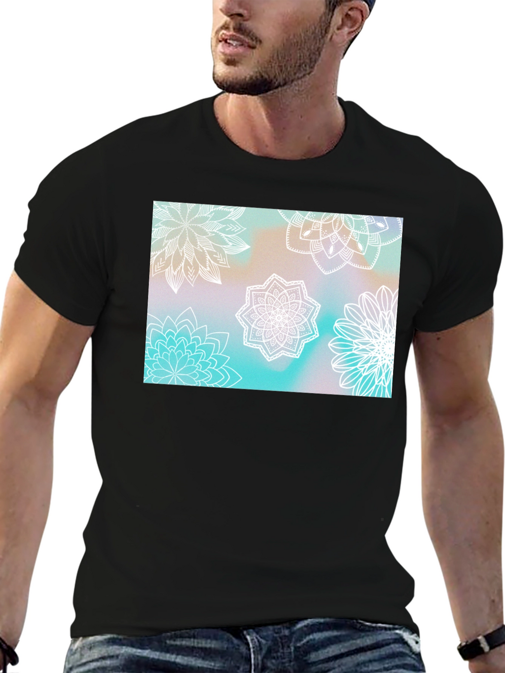 Floral Mandala Print Black T-Shirt