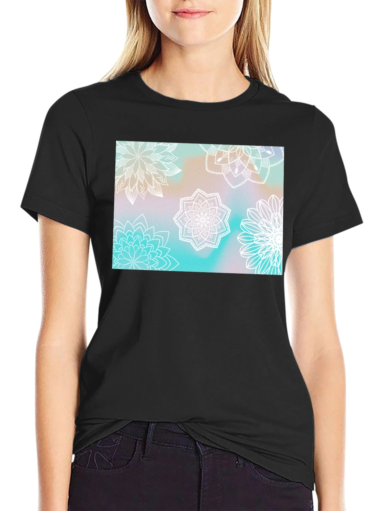 Floral Mandala Print Black T-Shirt