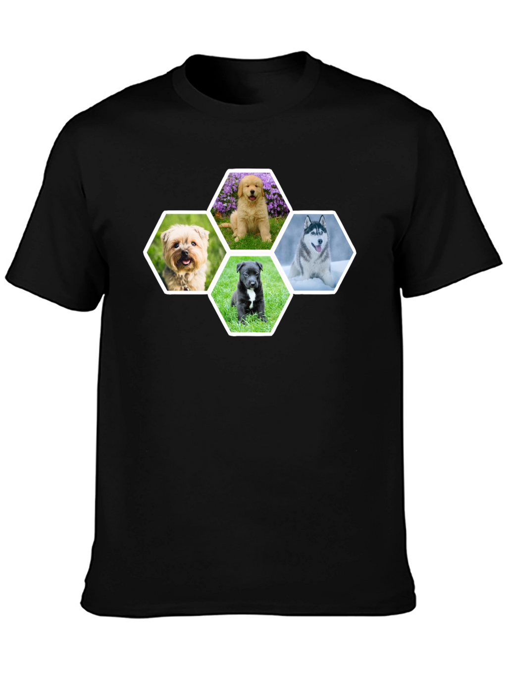 Dog Breed Hexagon Collage Black T-Shirt