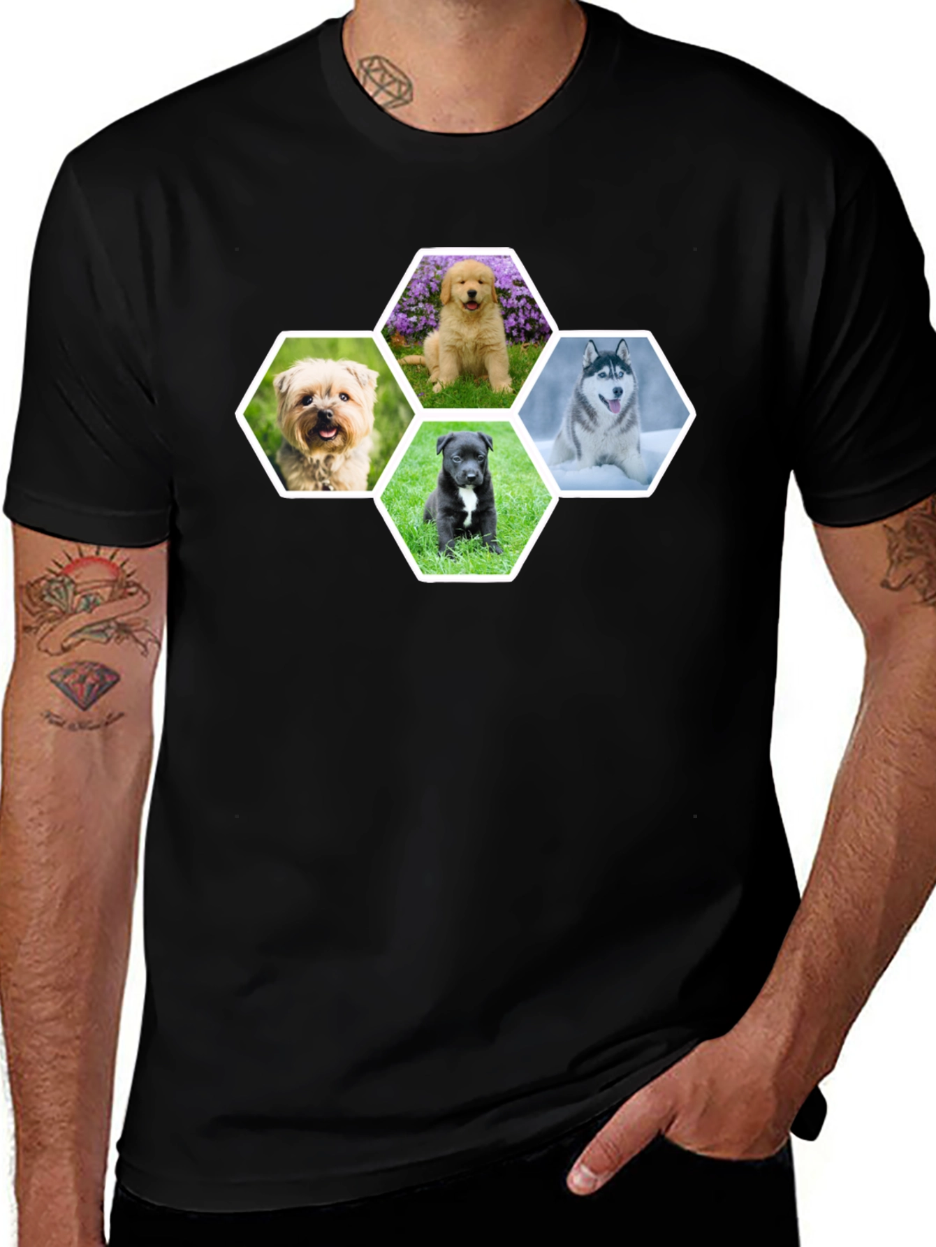 Dog Breed Hexagon Collage Black T-Shirt