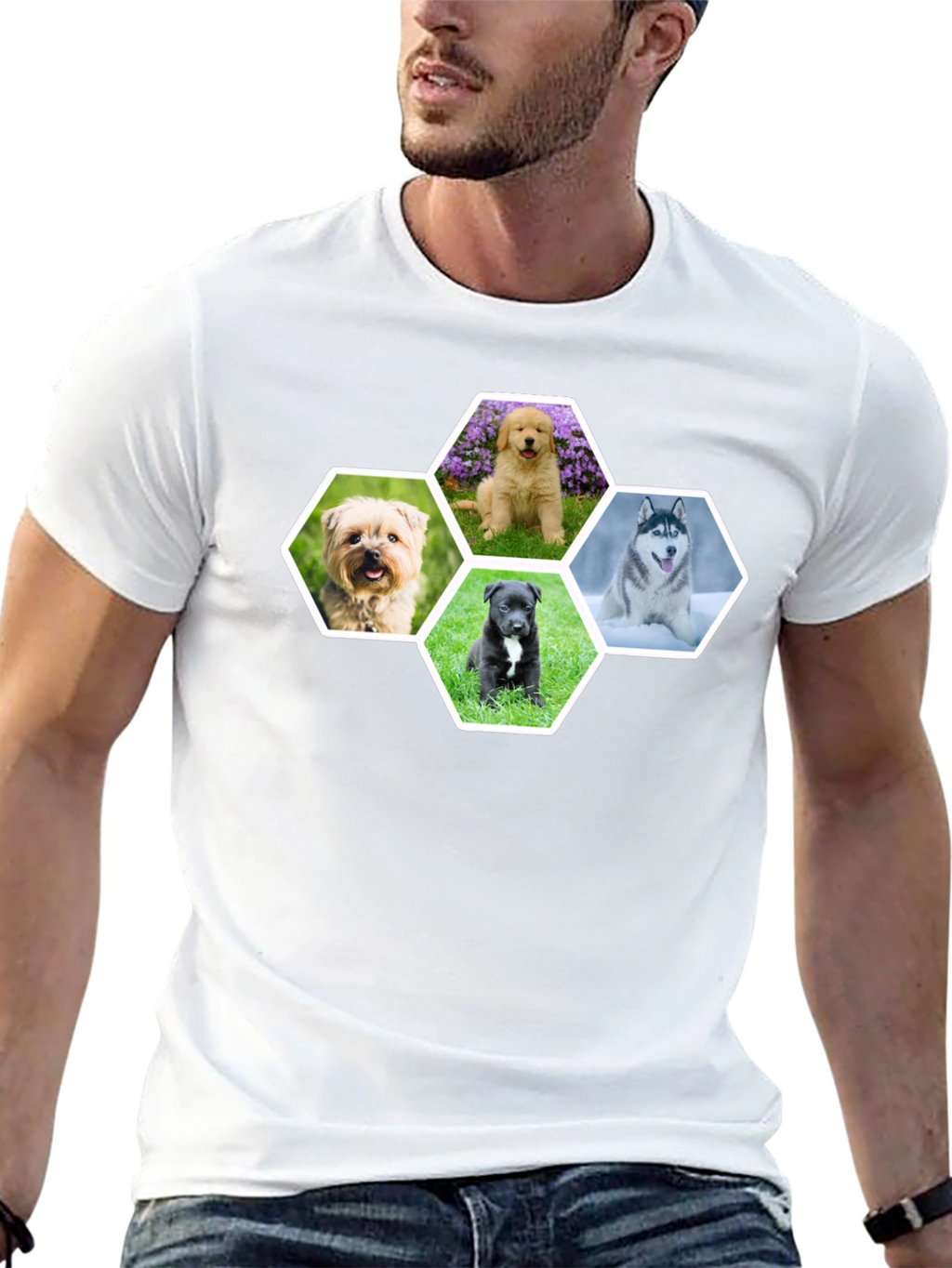 Dog Breed Hexagon Collage Black T-Shirt