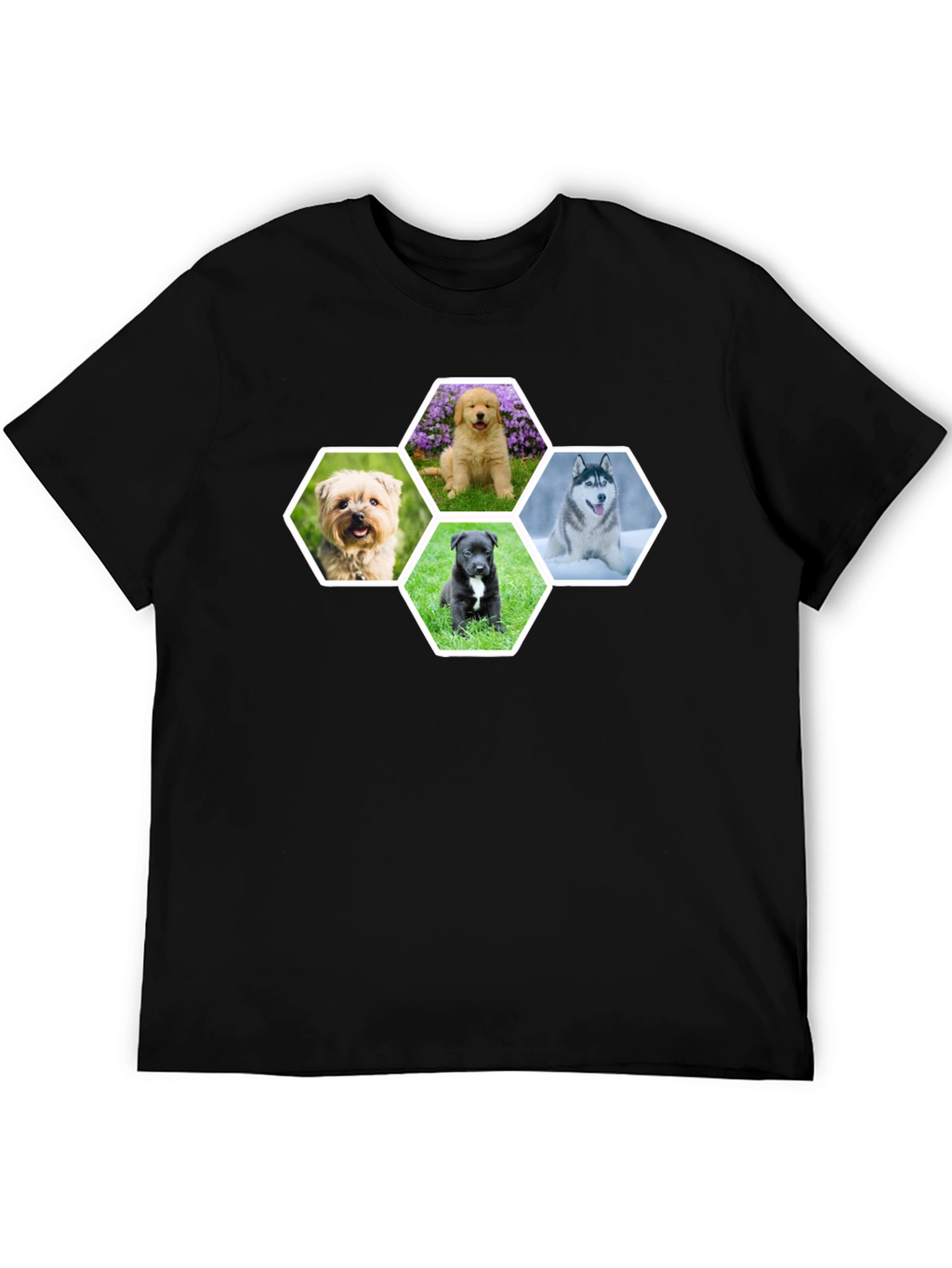 Dog Breed Hexagon Collage Black T-Shirt