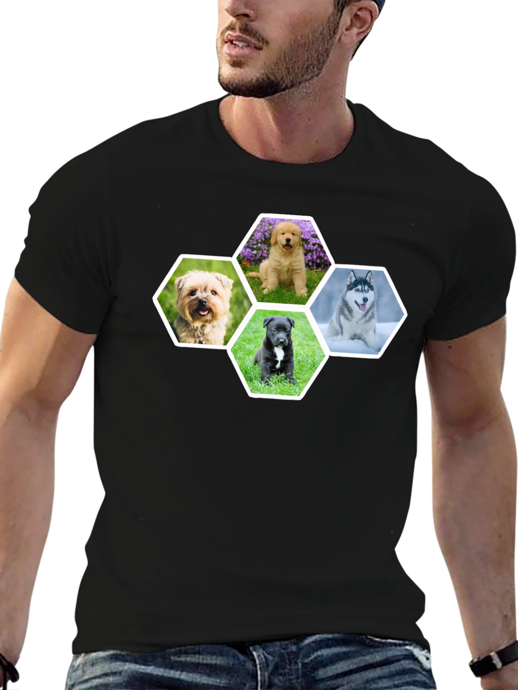 Dog Breed Hexagon Collage Black T-Shirt