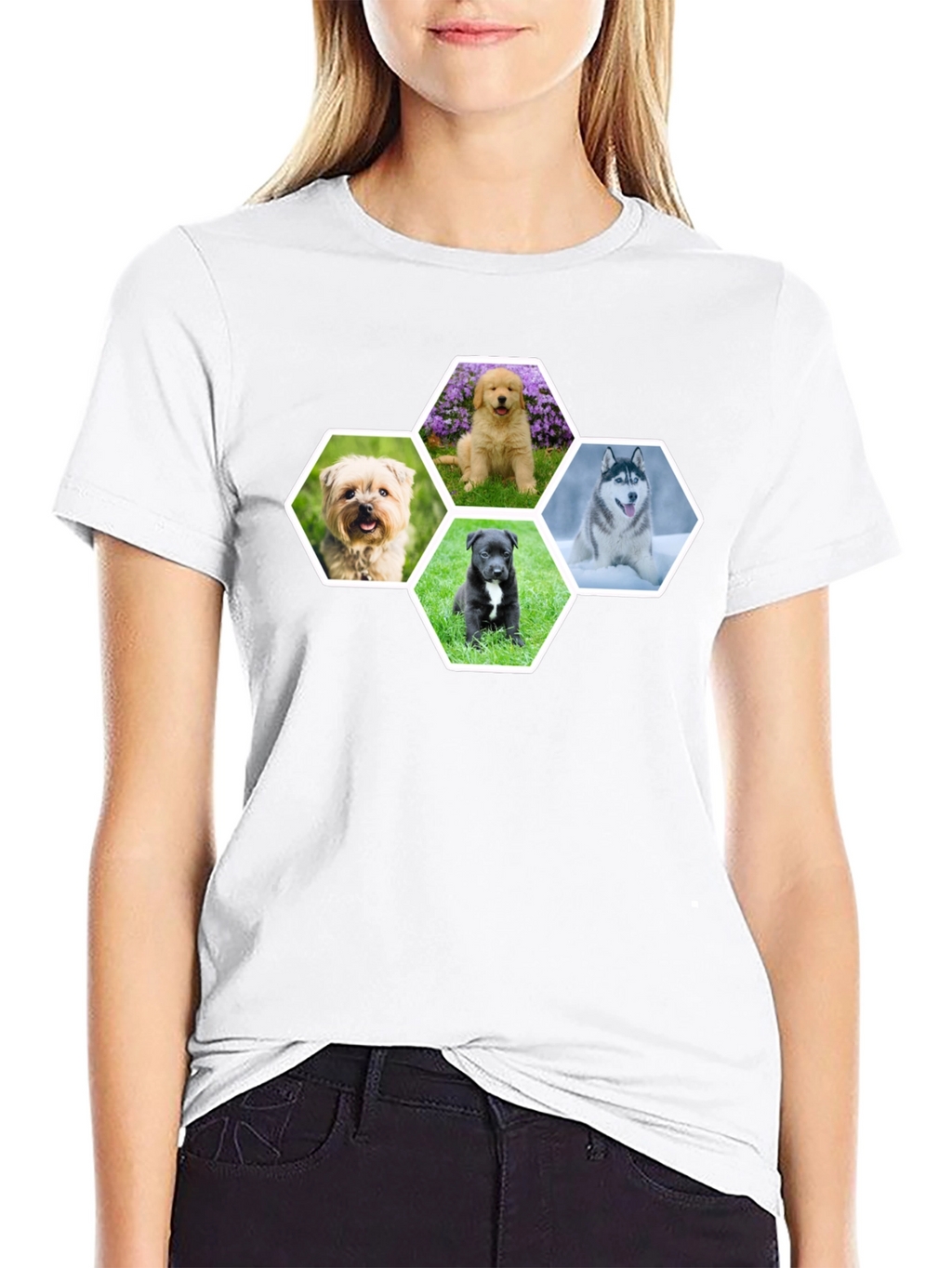 Dog Breed Hexagon Collage Black T-Shirt