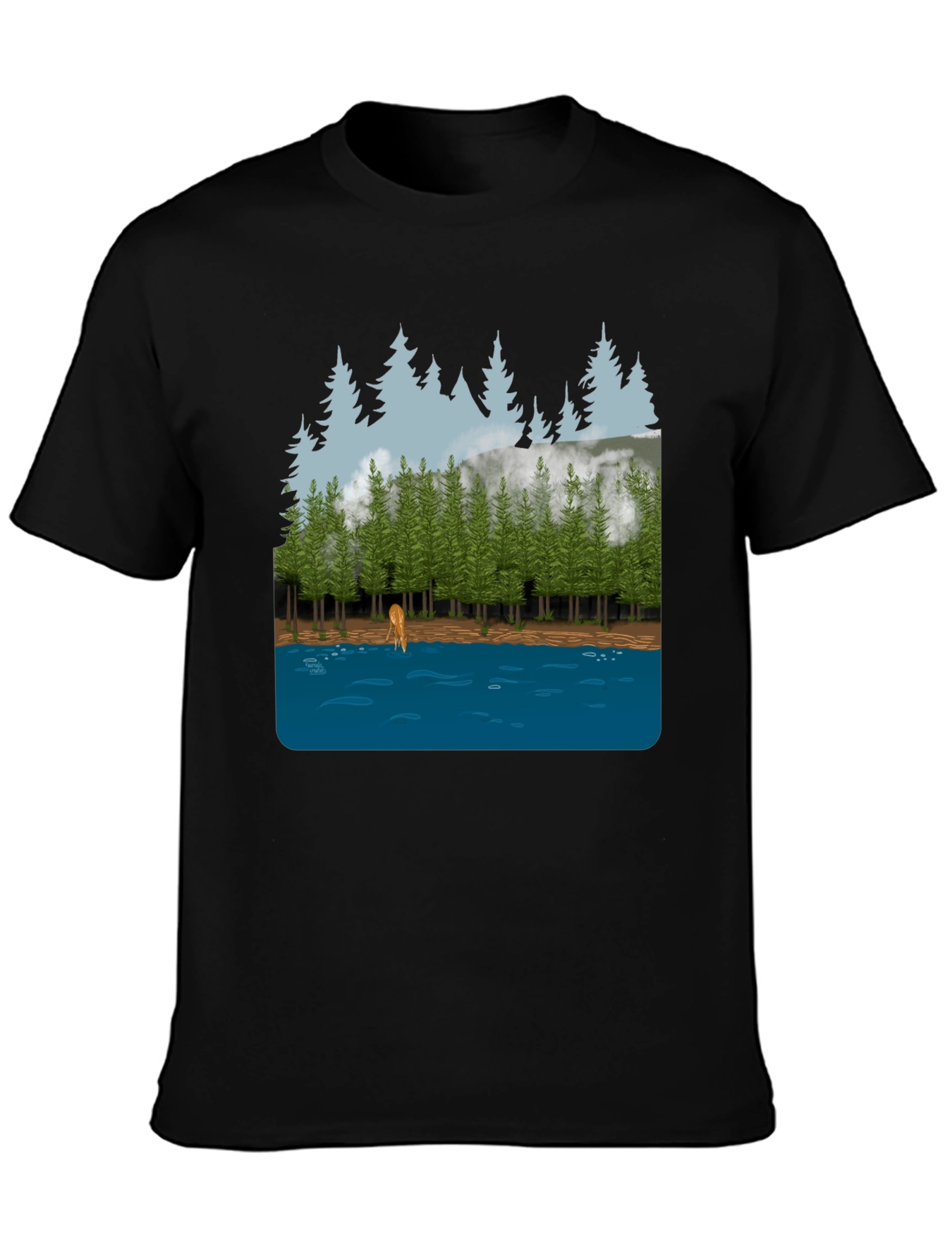 Nature Scene Graphic Tee: Forest Deer & Lake Design