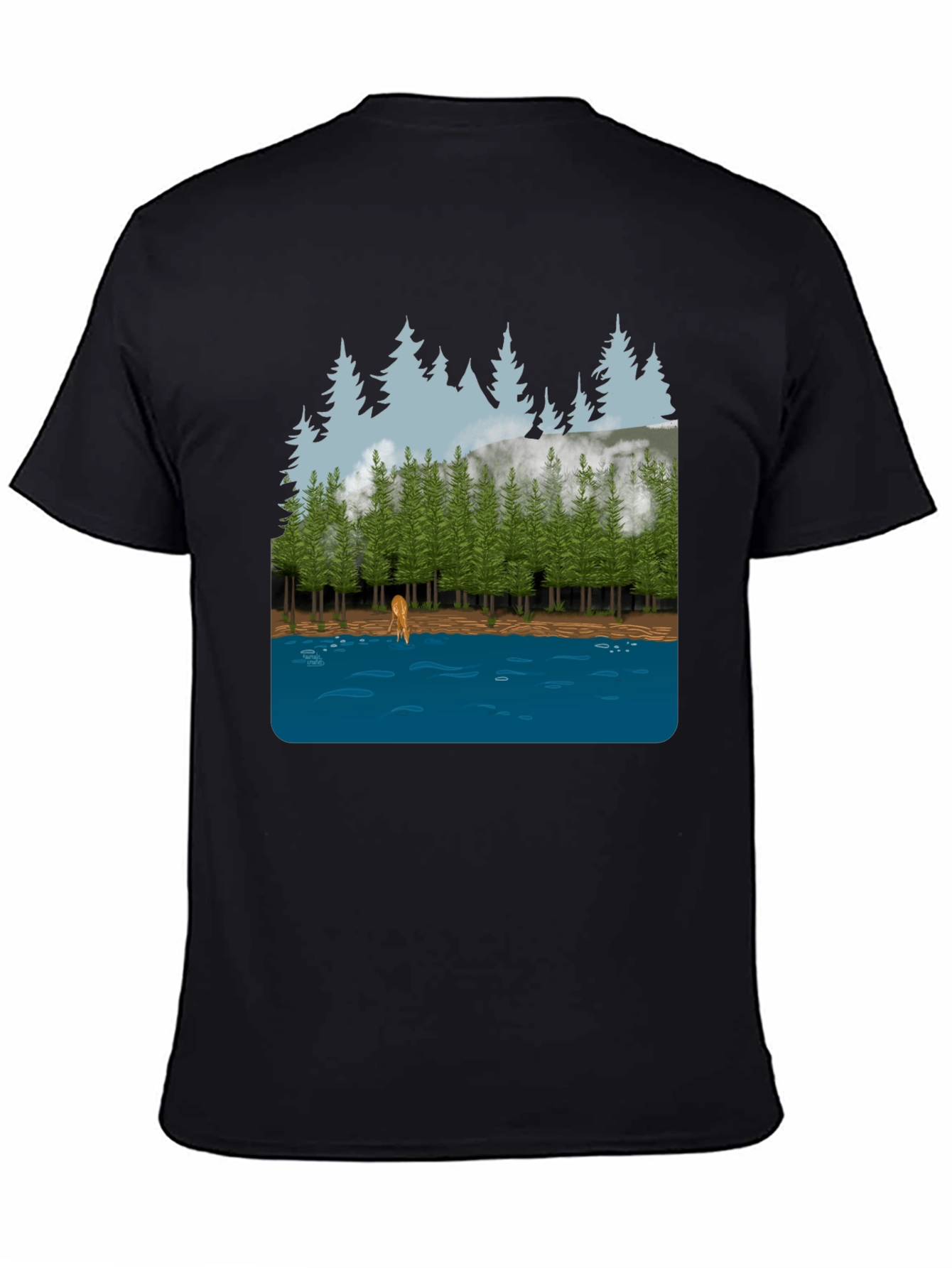 Nature Scene Graphic Tee: Forest Deer & Lake Design