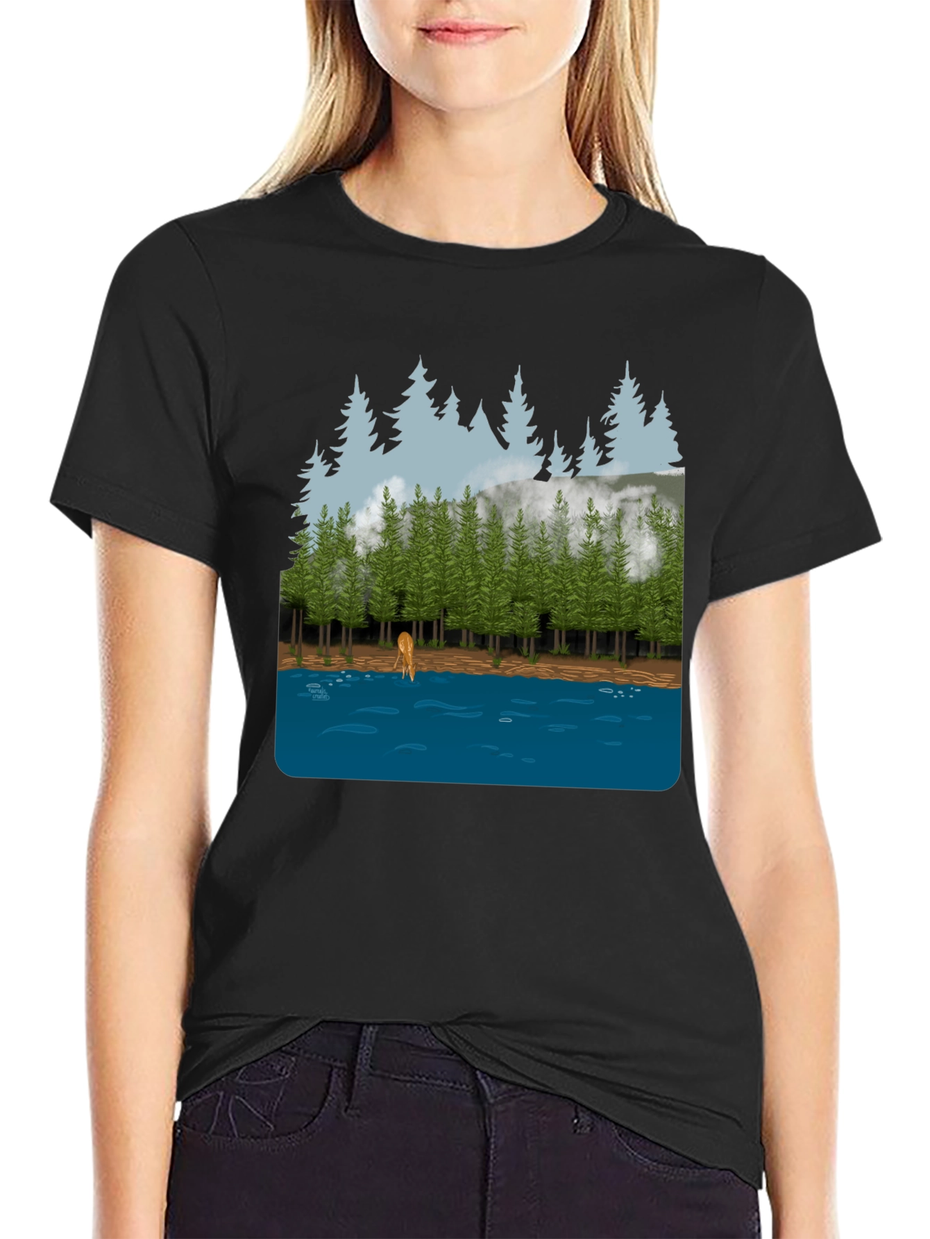Nature Scene Graphic Tee: Forest Deer & Lake Design