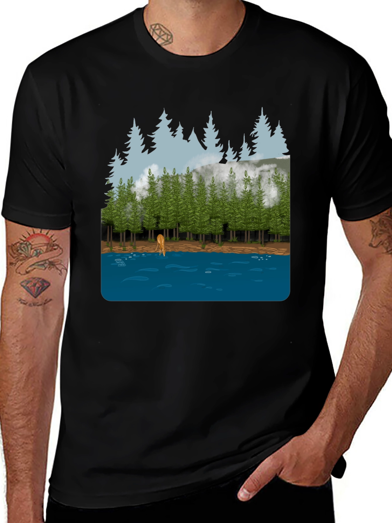 Nature Scene Graphic Tee: Forest Deer & Lake Design