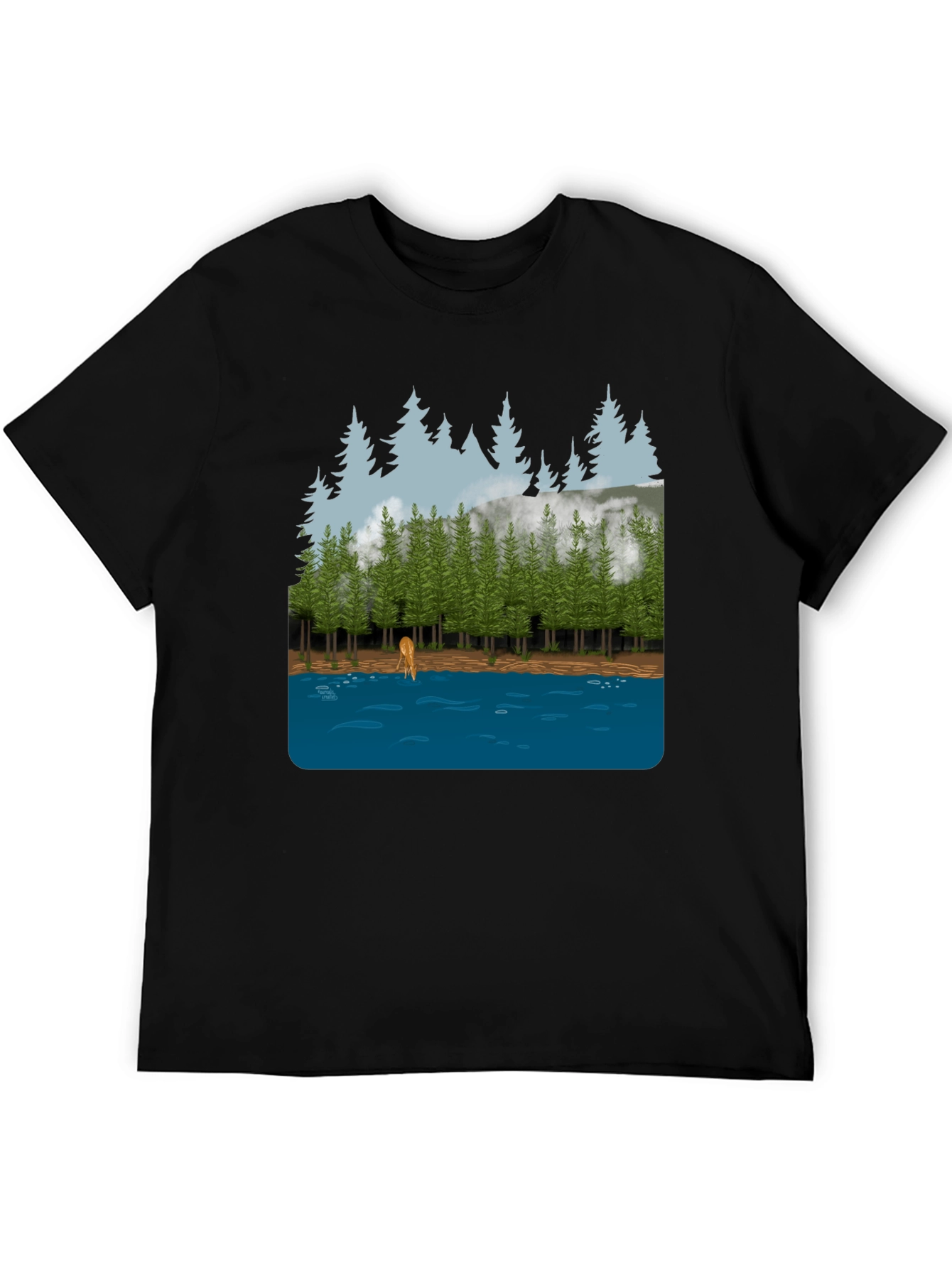 Nature Scene Graphic Tee: Forest Deer & Lake Design
