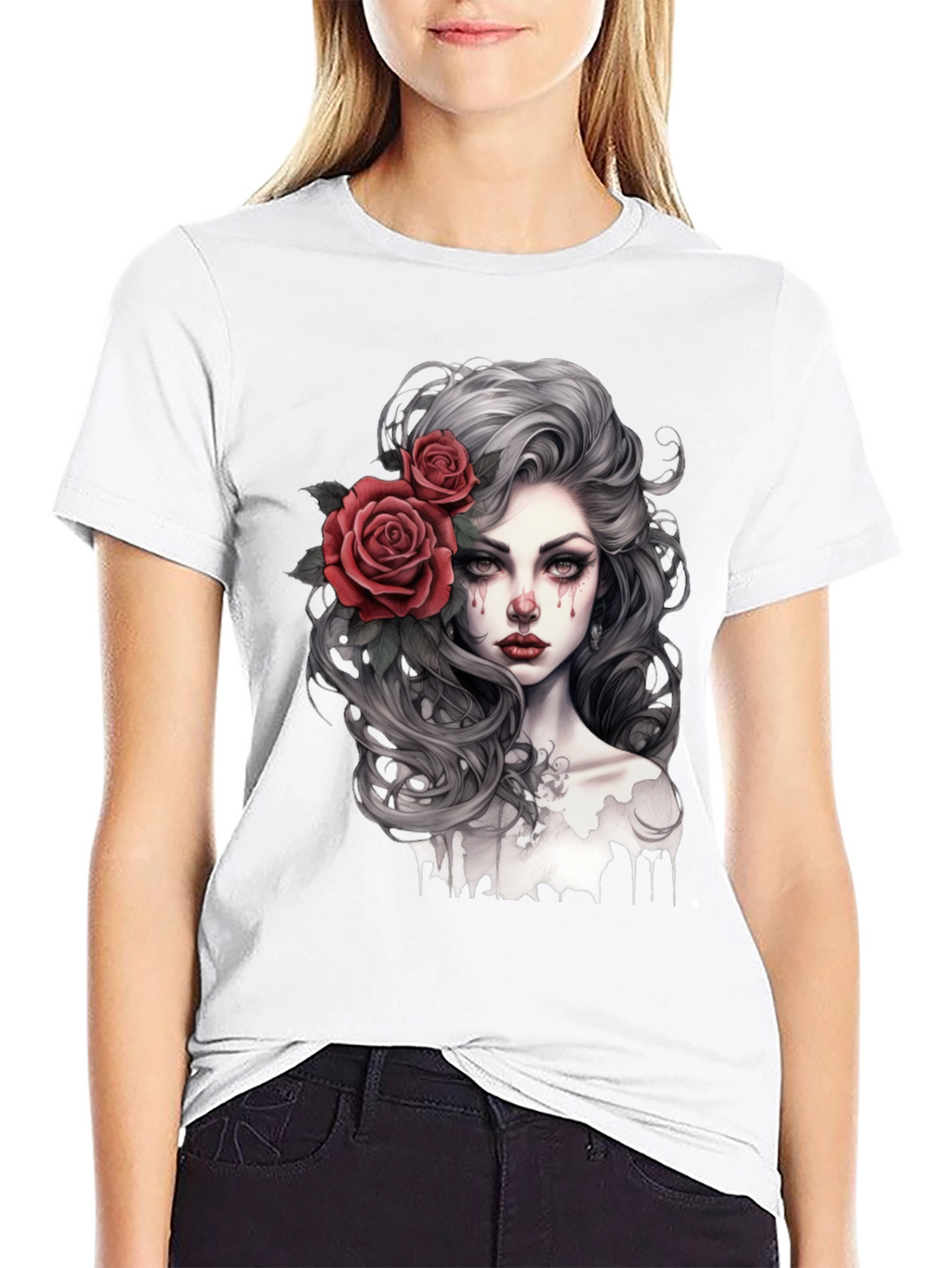 Gothic Rose Woman Graphic Print Black Tee