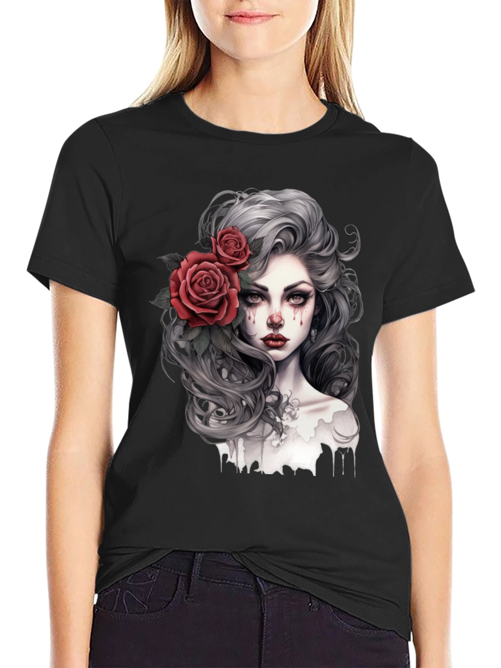 Gothic Rose Woman Graphic Print Black Tee