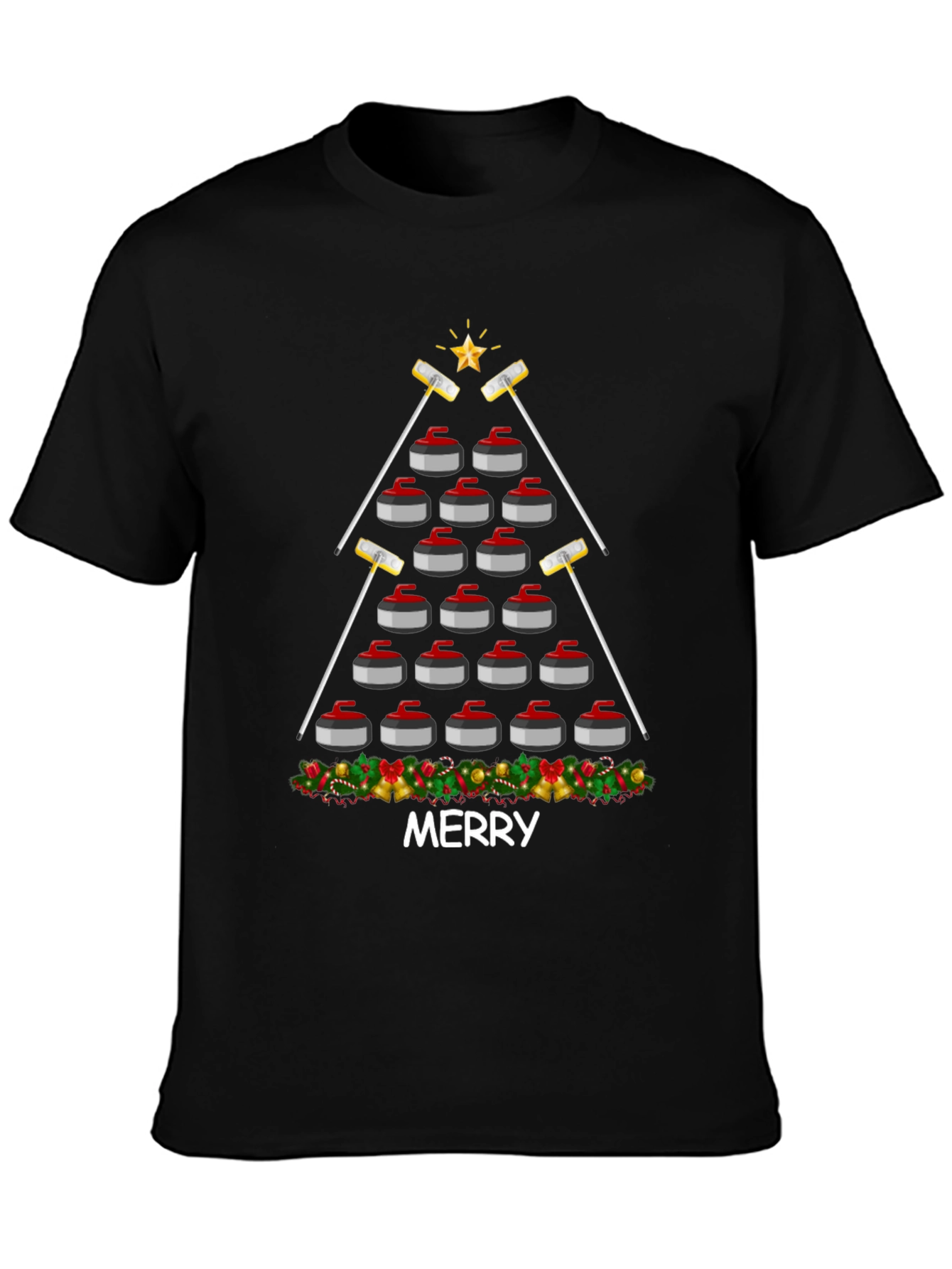 Festive Curling Stone Christmas Tree T-Shirt - Merry Holiday Tee