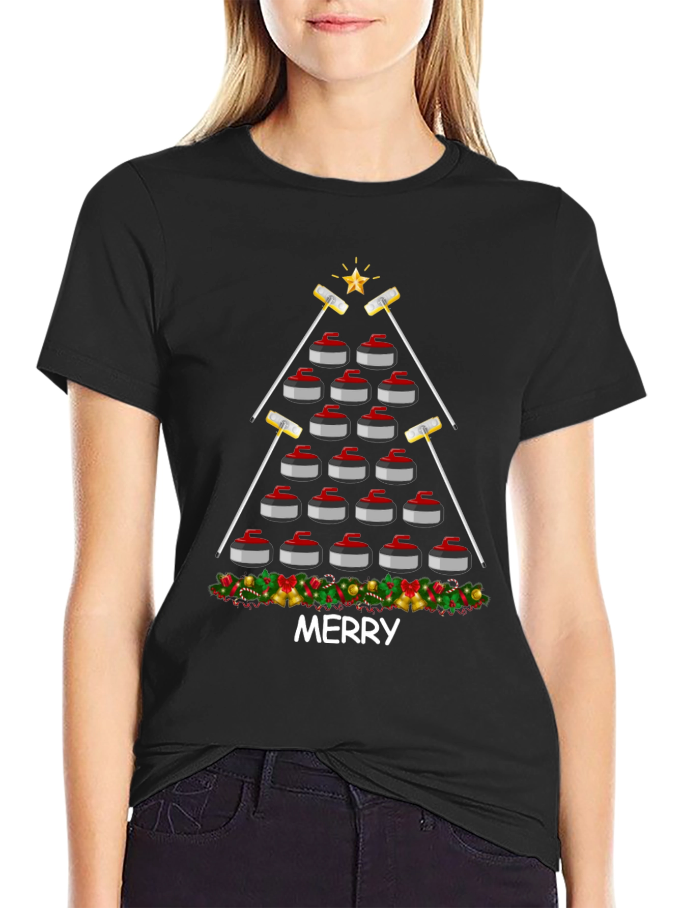 Festive Curling Stone Christmas Tree T-Shirt - Merry Holiday Tee