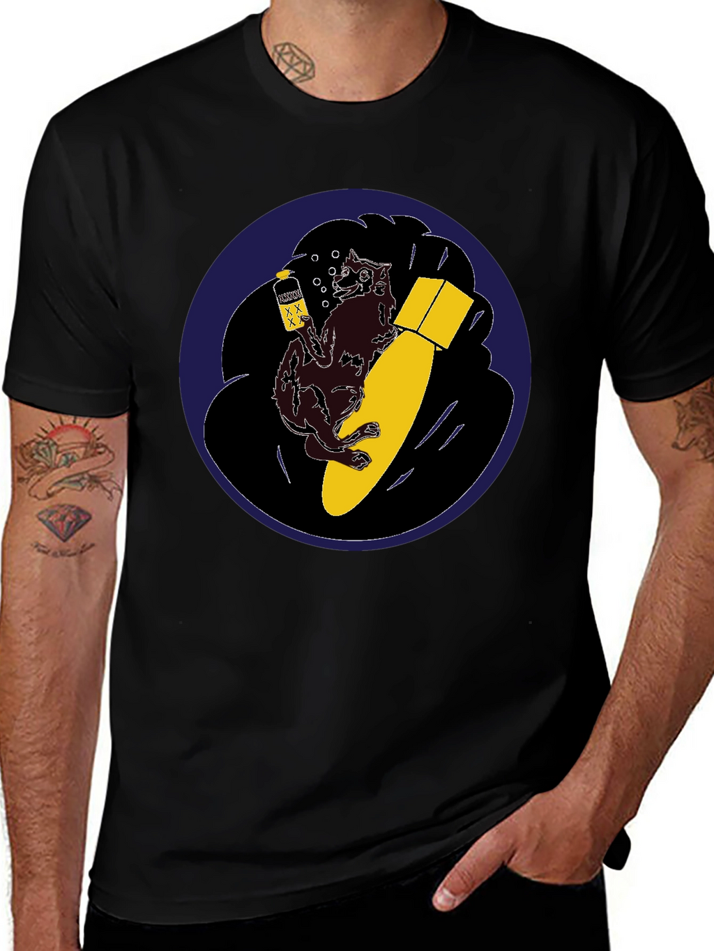 Novelty Graphic Tee - Wolf Bomb Design Black T-Shirt