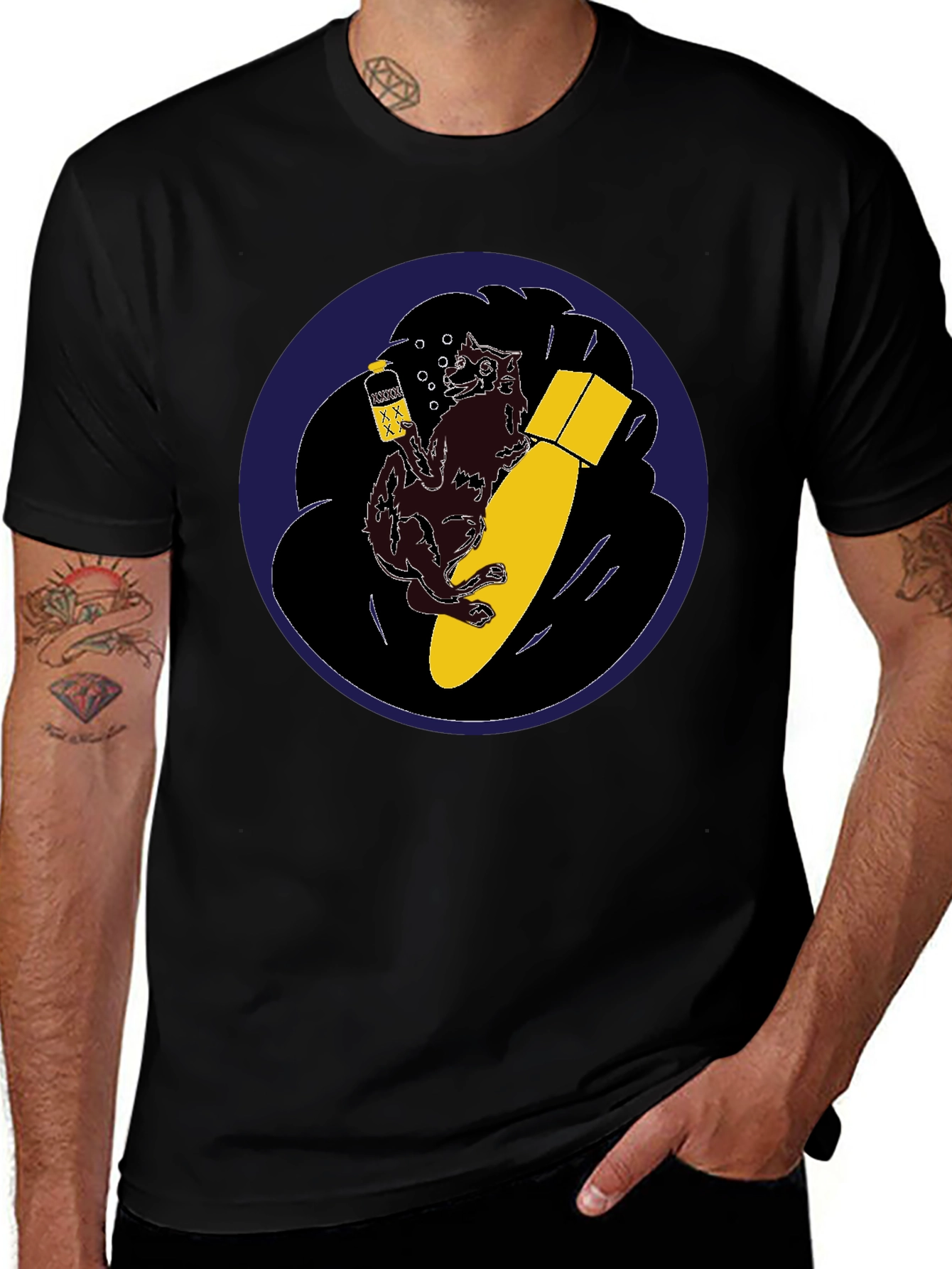Novelty Graphic Tee - Wolf Bomb Design Black T-Shirt