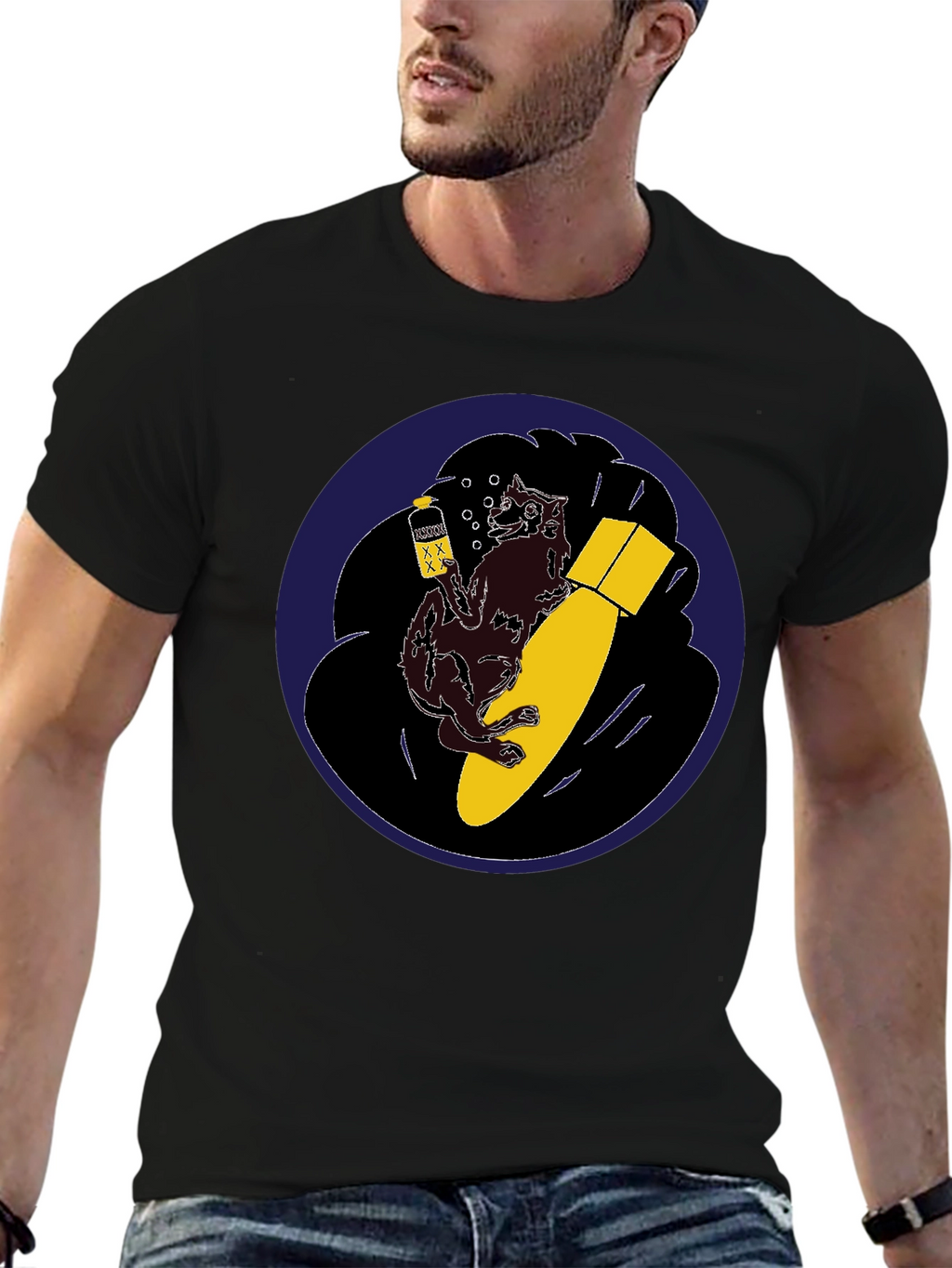 Novelty Graphic Tee - Wolf Bomb Design Black T-Shirt
