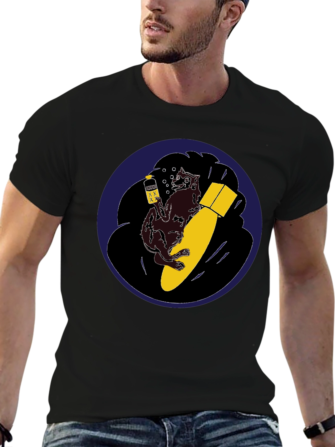 Novelty Graphic Tee - Wolf Bomb Design Black T-Shirt