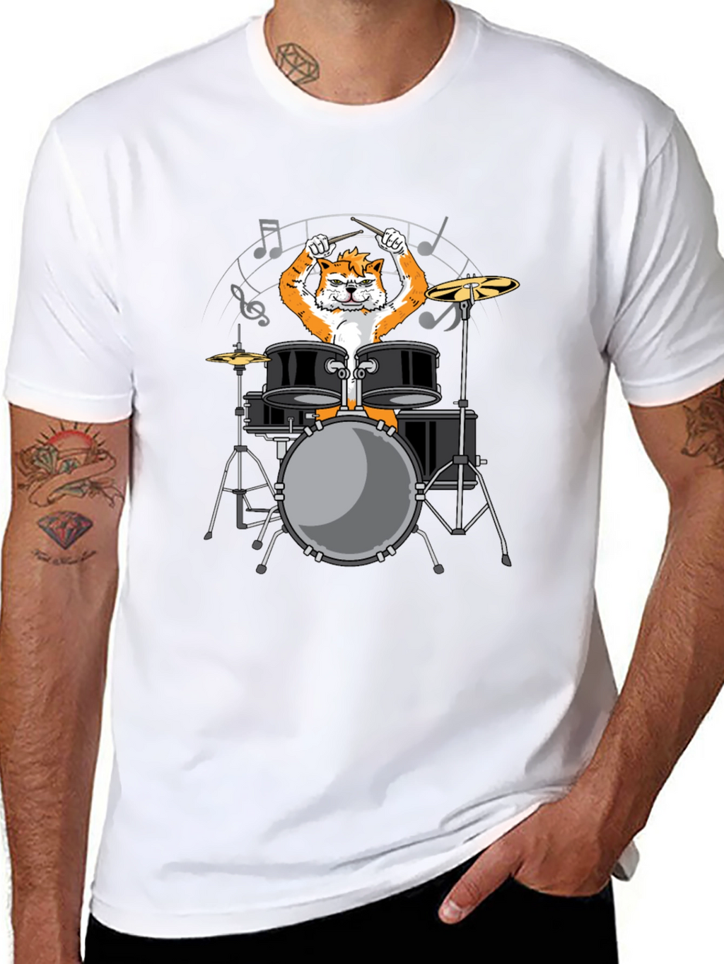 Drummer Cat Graphic Tee - Black Cotton T-Shirt