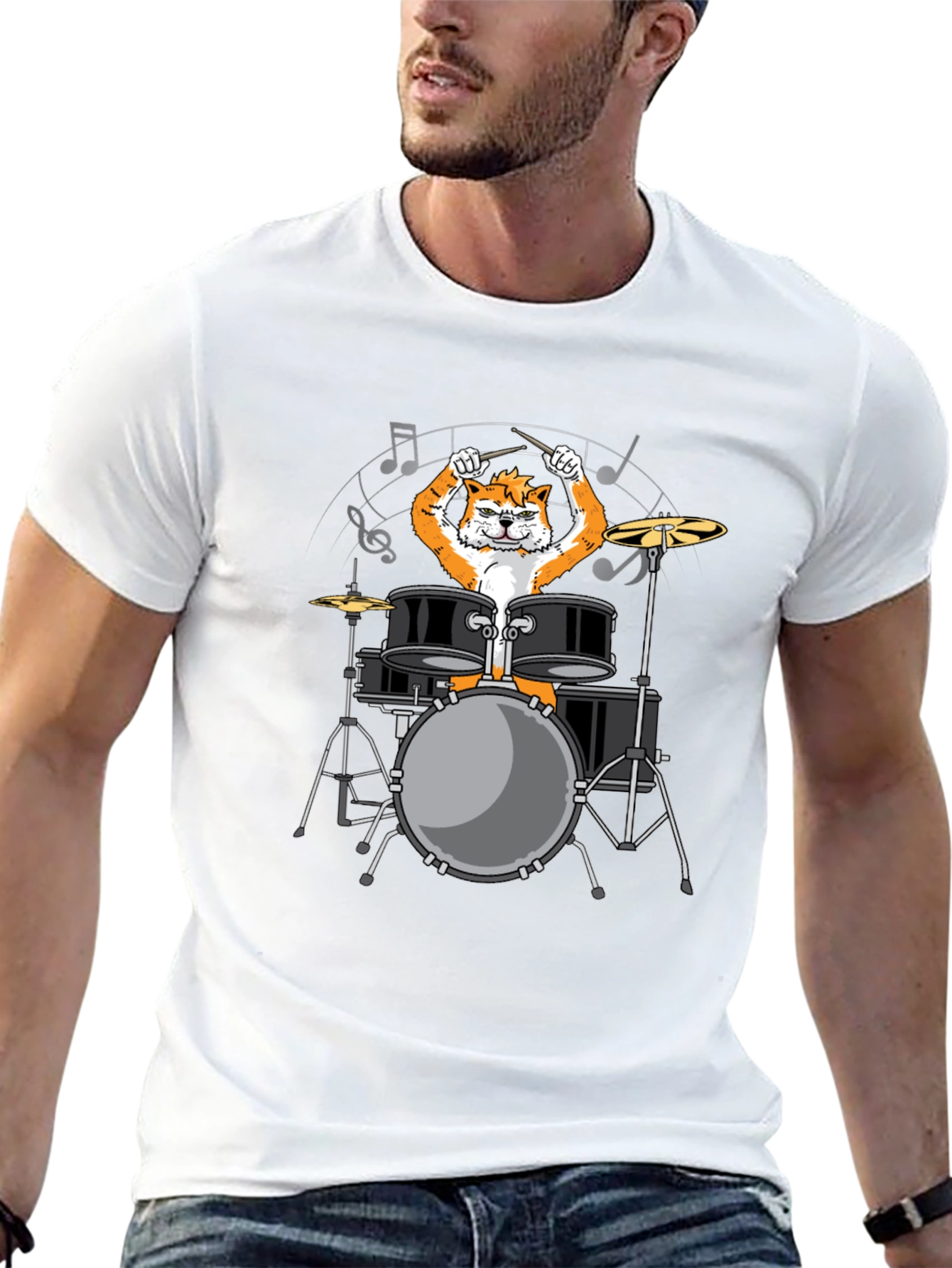 Drummer Cat Graphic Tee - Black Cotton T-Shirt