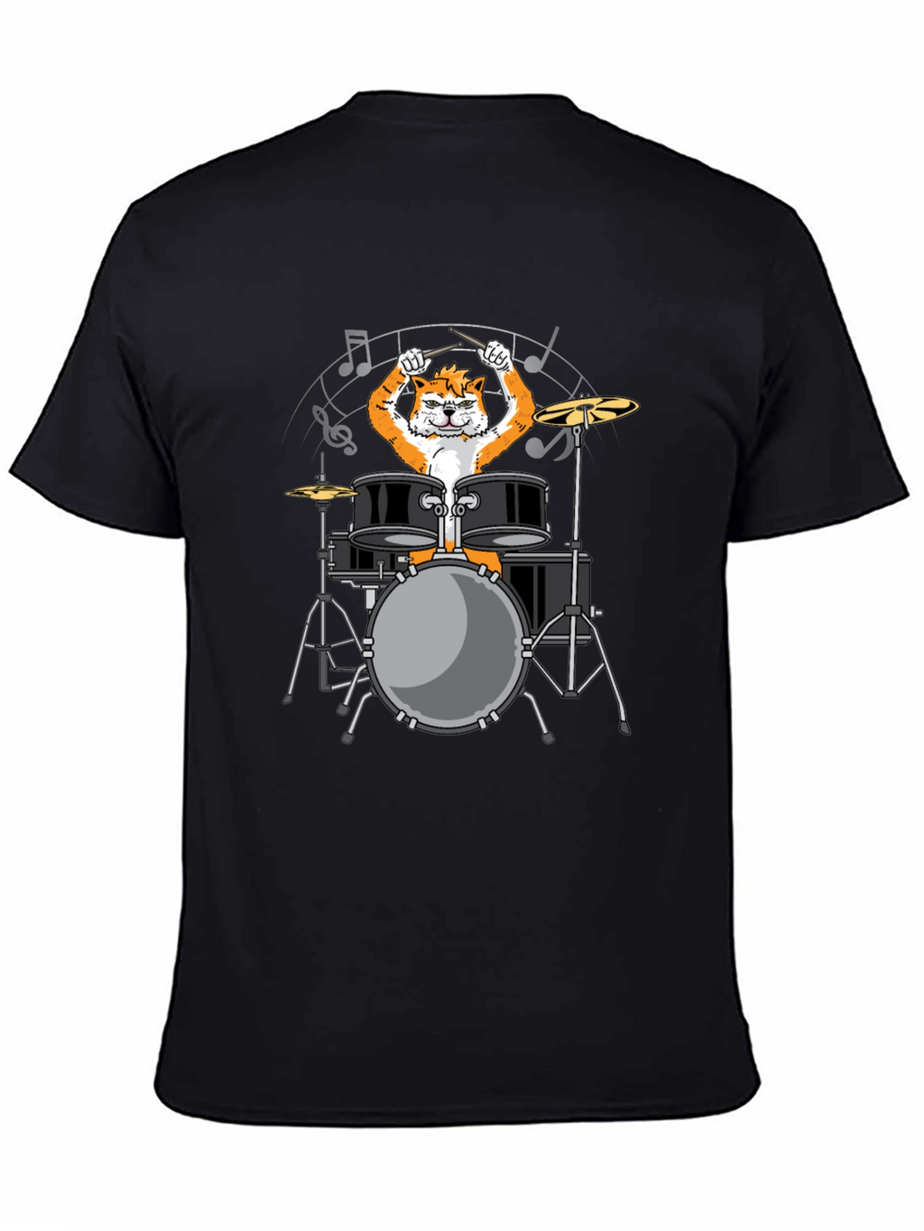 Drummer Cat Graphic Tee - Black Cotton T-Shirt
