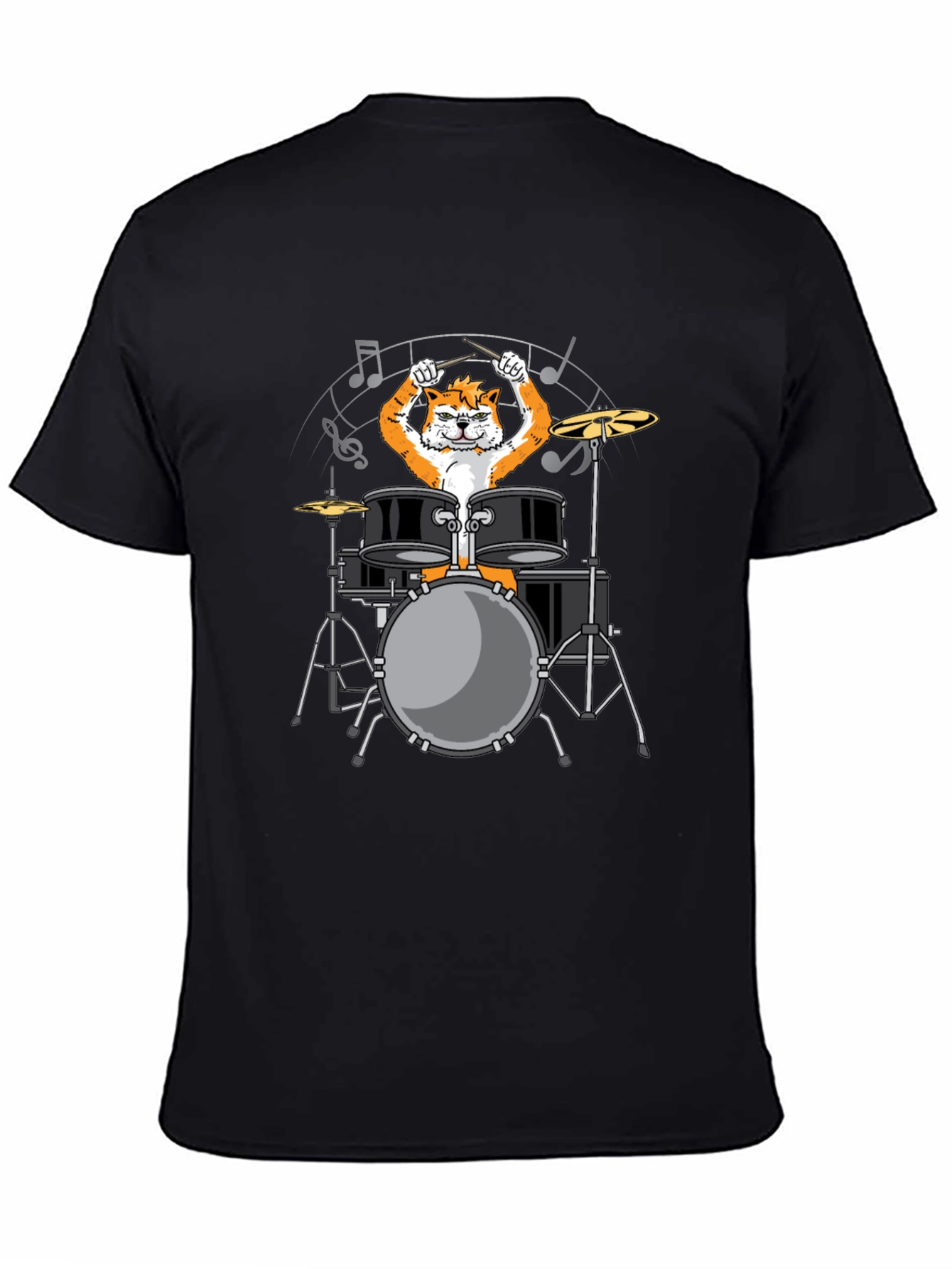 Drummer Cat Graphic Tee - Black Cotton T-Shirt