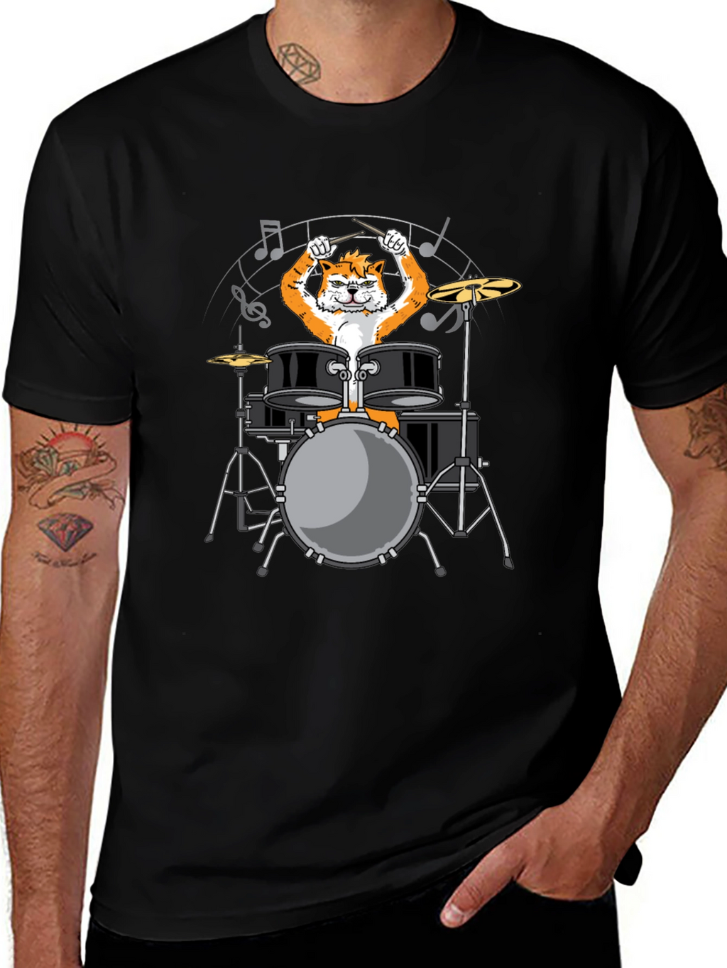Drummer Cat Graphic Tee - Black Cotton T-Shirt