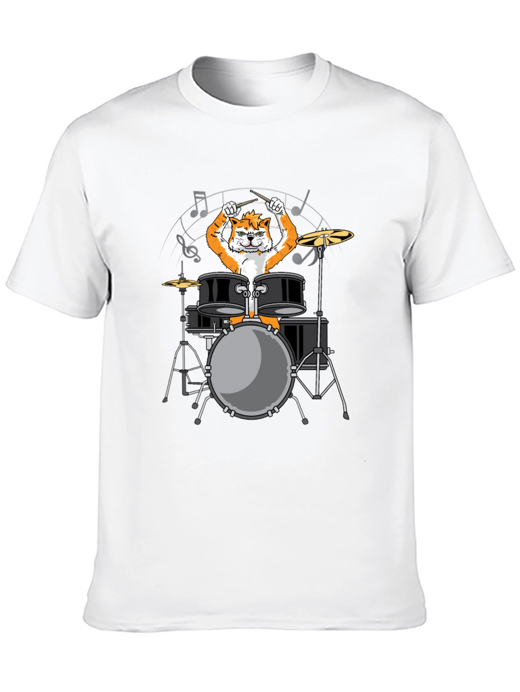 Drummer Cat Graphic Tee - Black Cotton T-Shirt