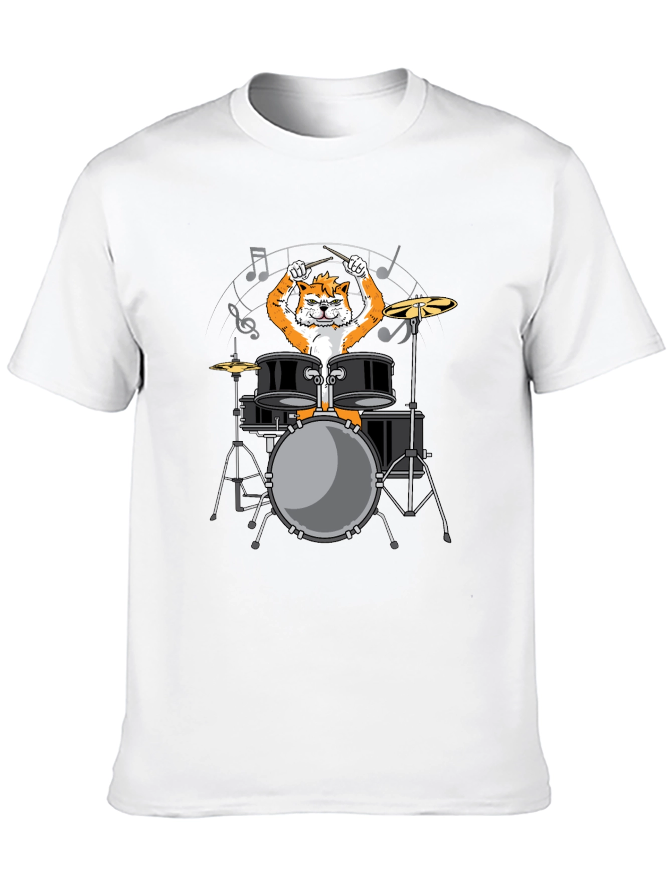 Drummer Cat Graphic Tee - Black Cotton T-Shirt