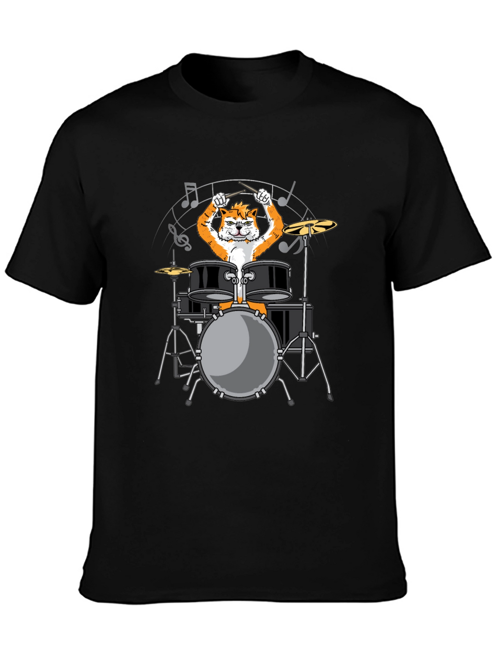 Drummer Cat Graphic Tee - Black Cotton T-Shirt