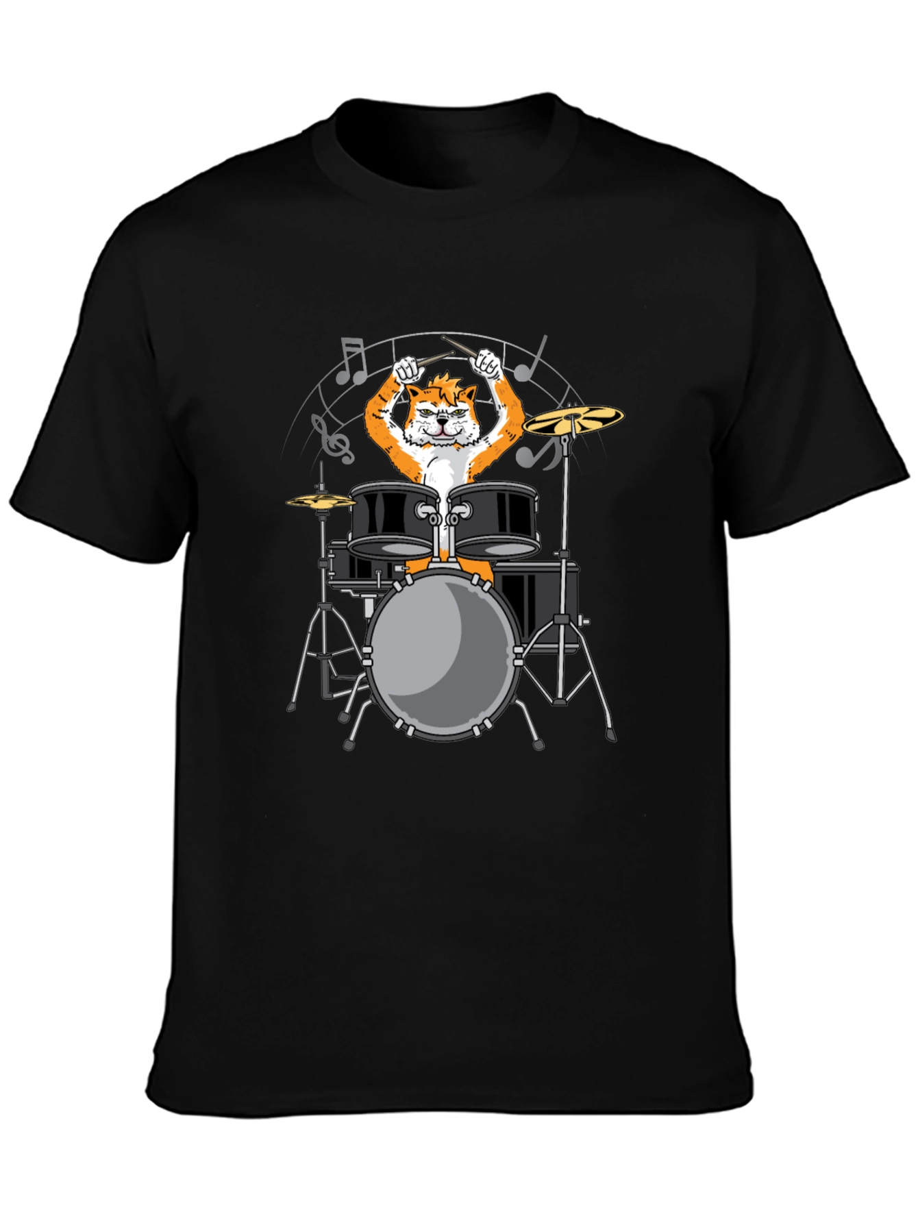 Drummer Cat Graphic Tee - Black Cotton T-Shirt
