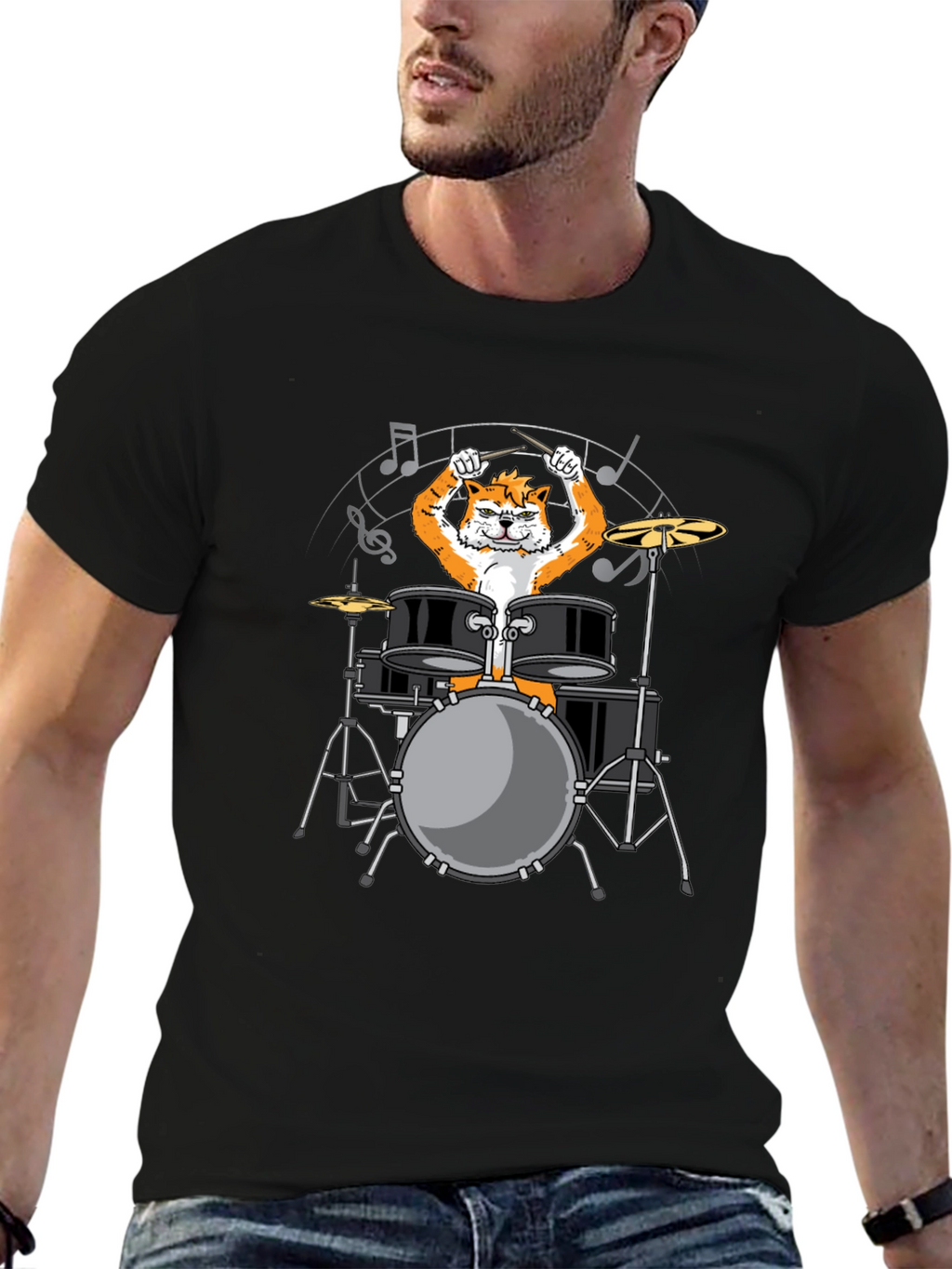Drummer Cat Graphic Tee - Black Cotton T-Shirt