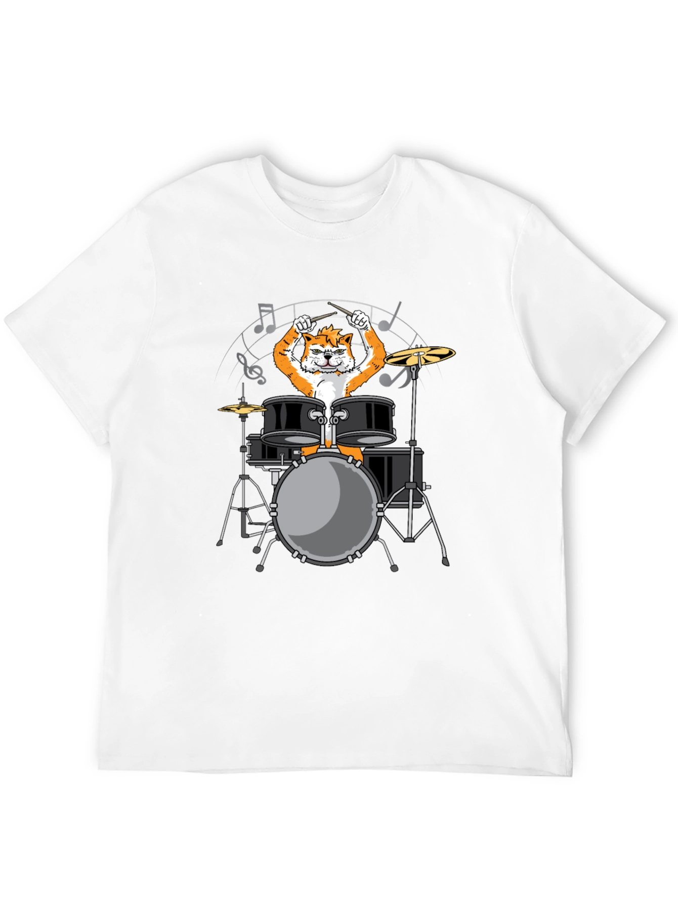 Drummer Cat Graphic Tee - Black Cotton T-Shirt