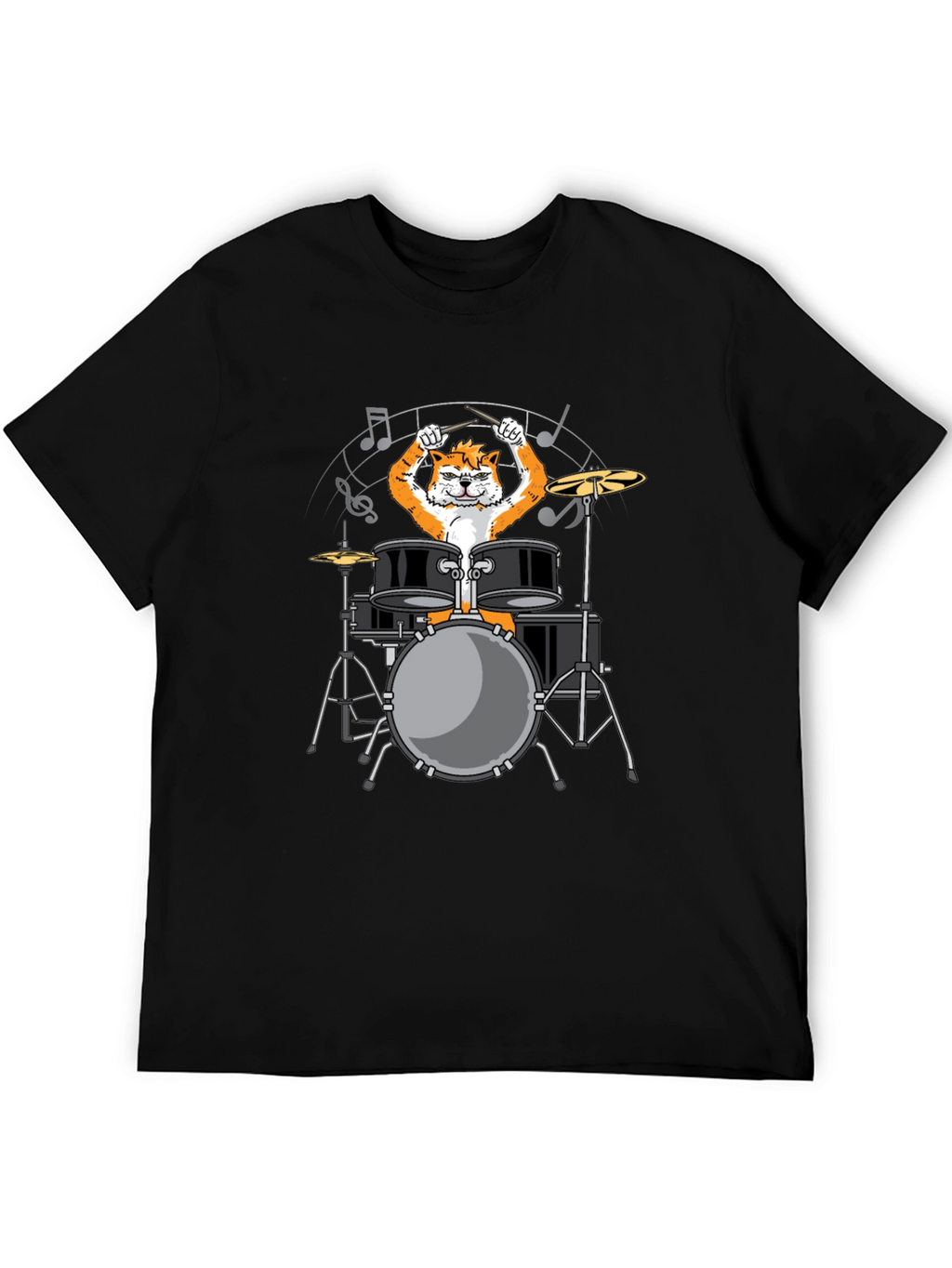 Drummer Cat Graphic Tee - Black Cotton T-Shirt