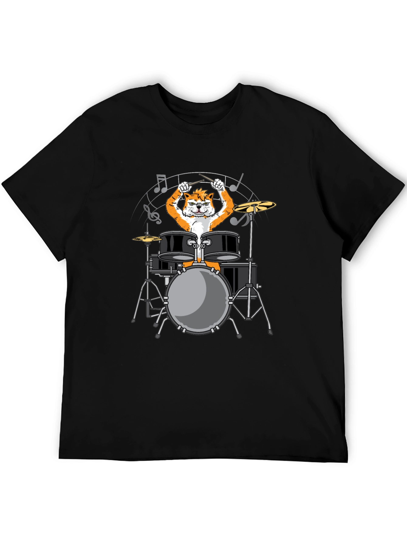 Drummer Cat Graphic Tee - Black Cotton T-Shirt