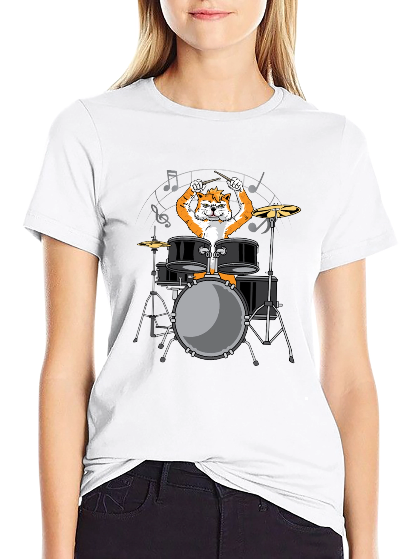 Drummer Cat Graphic Tee - Black Cotton T-Shirt