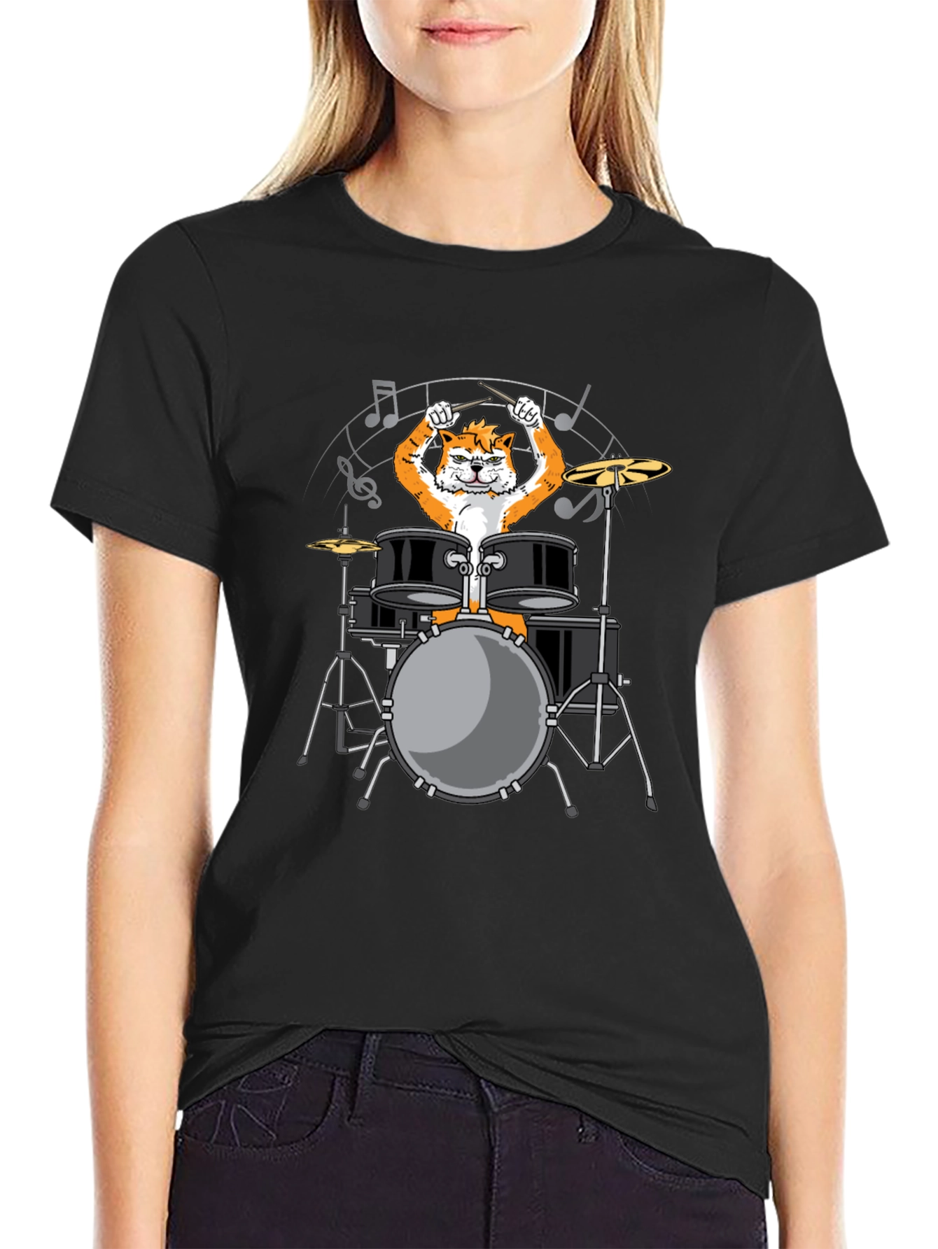 Drummer Cat Graphic Tee - Black Cotton T-Shirt