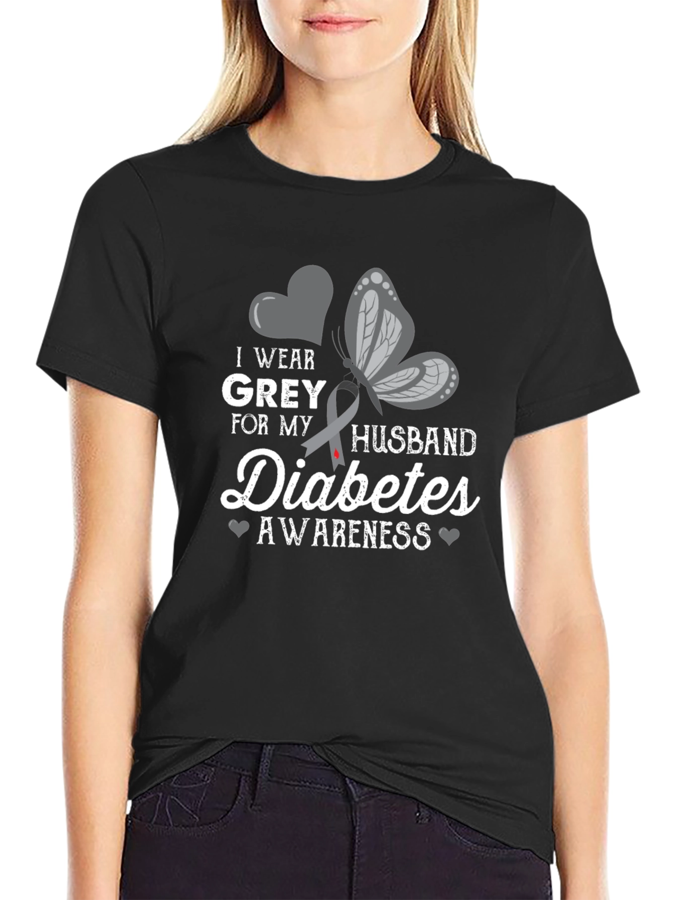 Diabetes Awareness T-Shirt - I Wear Grey For My Husband